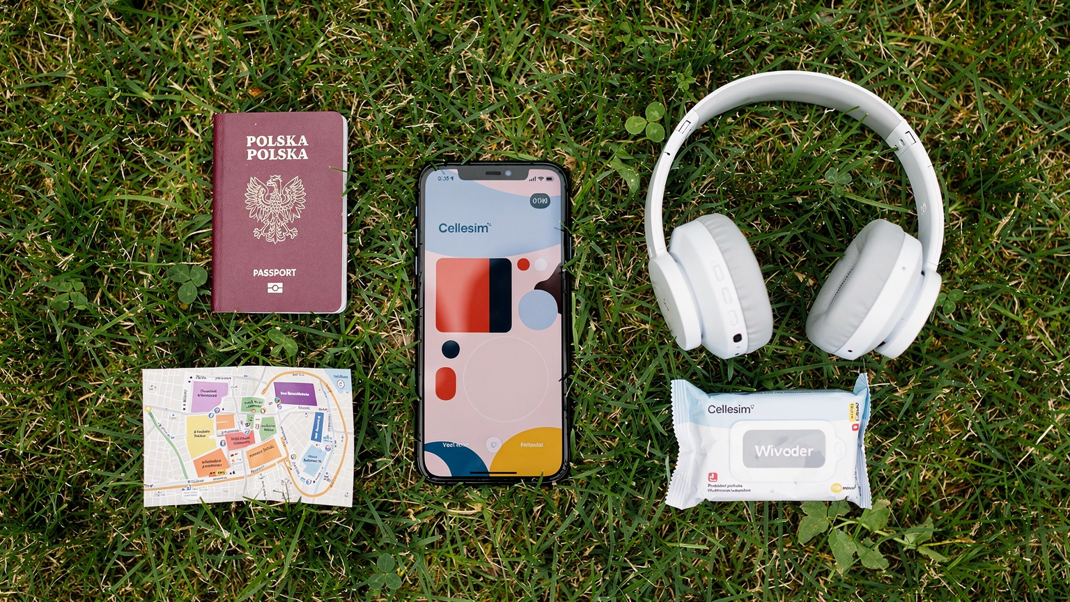 Zestaw podróżny ułożony na trawie festiwalowej: paszport, telefon z aktywną aplikacją Cellesim, słuchawki, mała mapa festiwalu i paczka chusteczek higienicznych. Wszystko przygotowane na podróż.