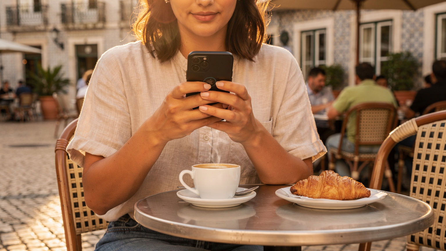 En ung kvinna sitter på en solig uteservering i en sydeuropeisk stad och håller sin smartphone, loggar in på en bankapp med diskret ansiktsigenkänning.