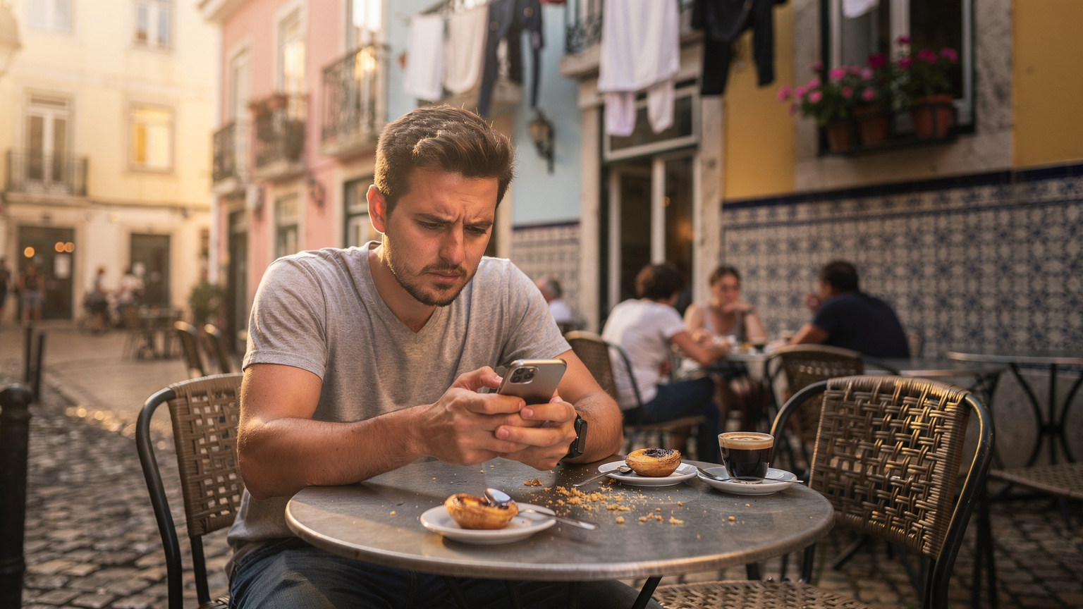 En man sitter vid en pulserande gatukafé i Lissabon, Portugal, med sin smartphone i handen och ser förvirrad ut när han försöker felsöka sin anslutning.