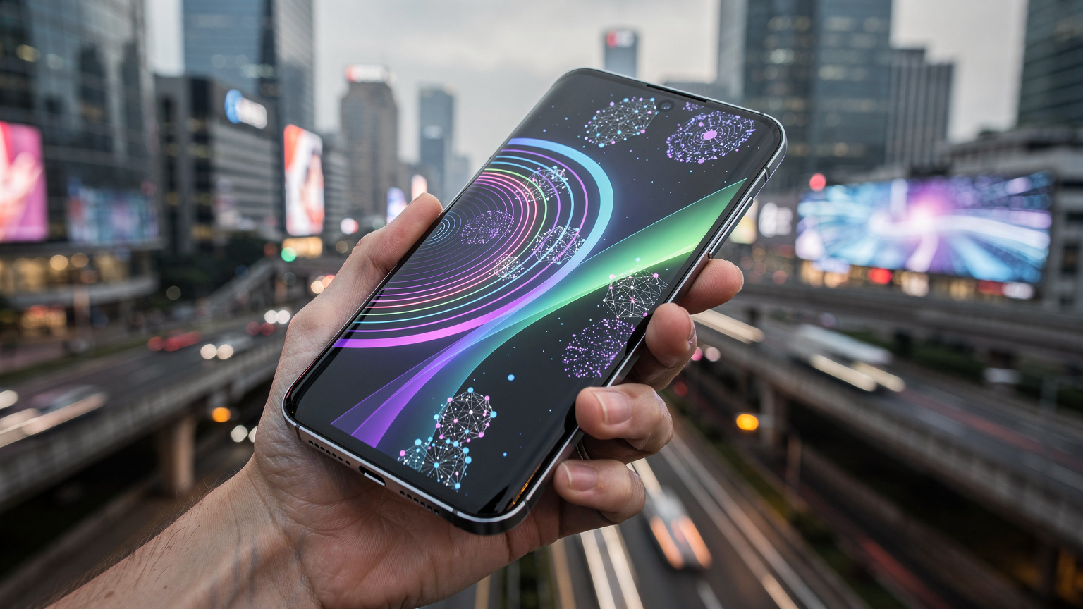 En modern handhållen enhet, kanske en framtida smartphone eller en smartklocka med avancerad display, visar en grafisk representation av 5G-nätverkets täckning och hastighet, mot en urban bakgrund.