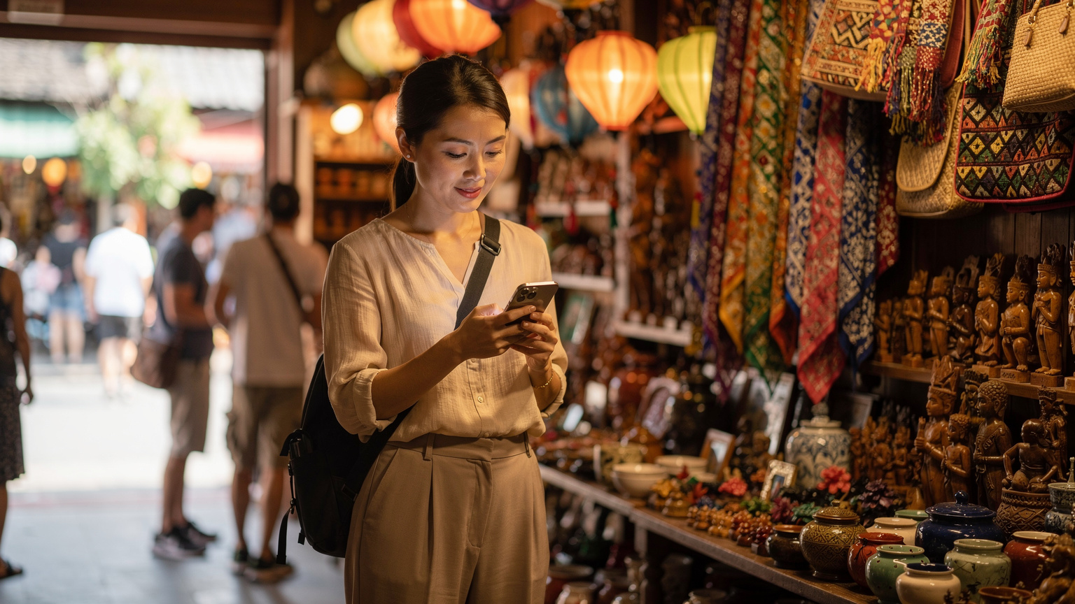 一名中国女性旅客在一家充满当地风情的纪念品店里，正在查看手机上的eSIM套餐信息，背景是琳琅满目的商品和熙攘的人群。