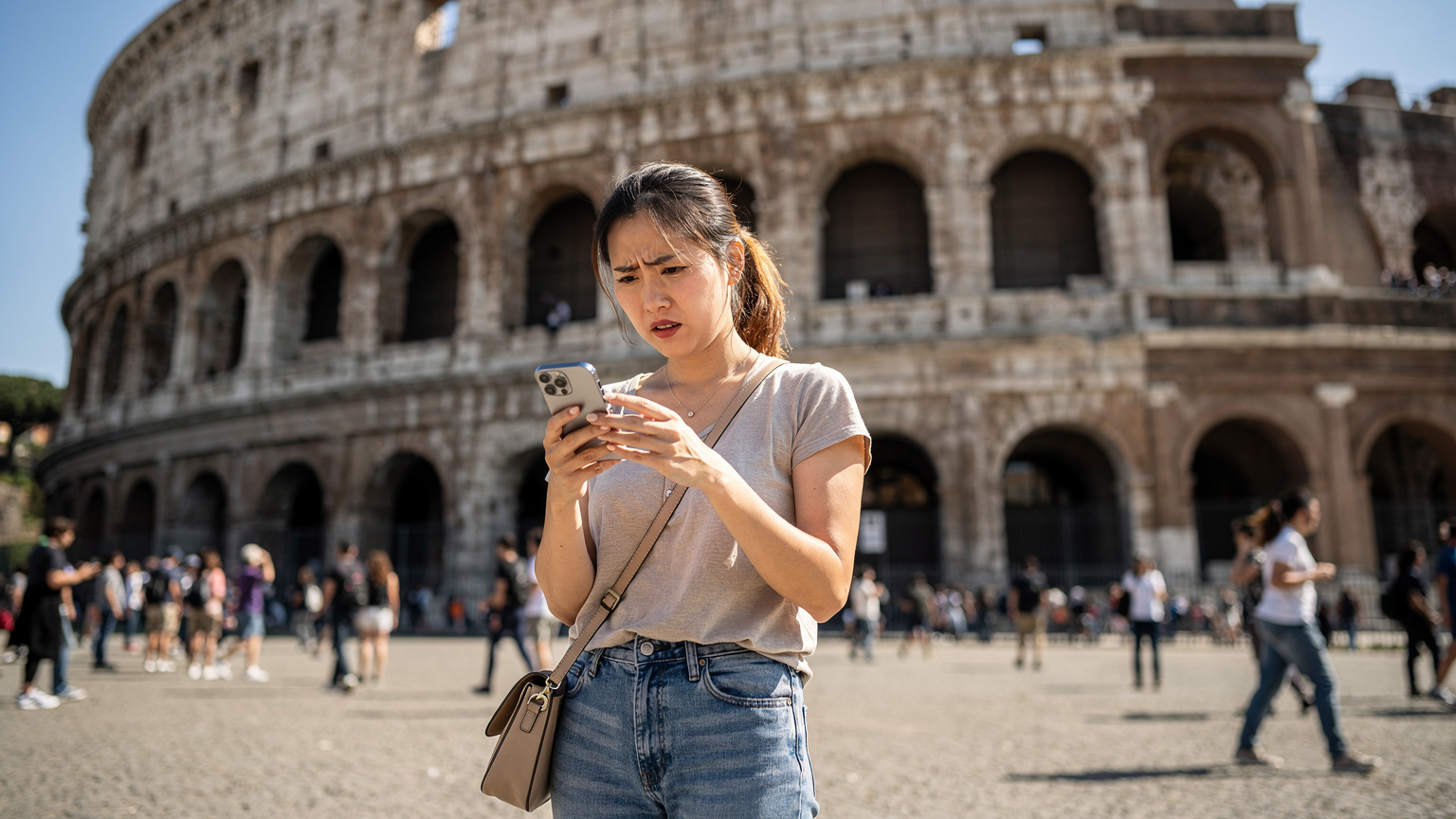 一名中国女性旅客手持iPhone 17，在意大利罗马斗兽场外焦急地查看手机，似乎遇到了网络问题，背景是宏伟的古迹。