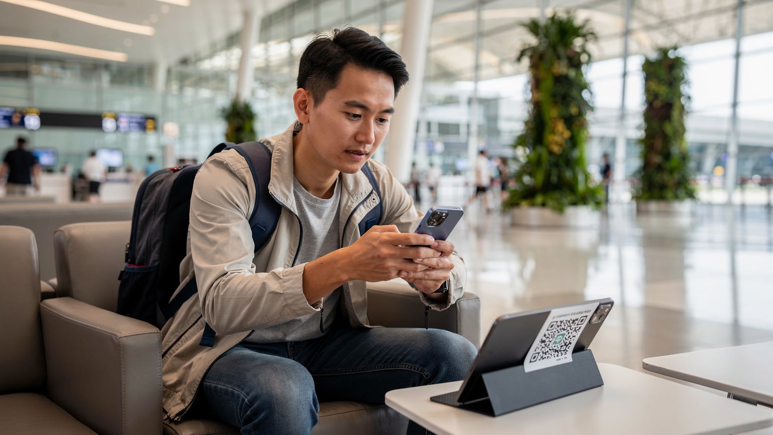 一名中国男性旅客在新加坡樟宜机场的候机大厅，正在用iPhone 17手机扫描eSIM二维码进行激活，背景是现代化的机场设施。