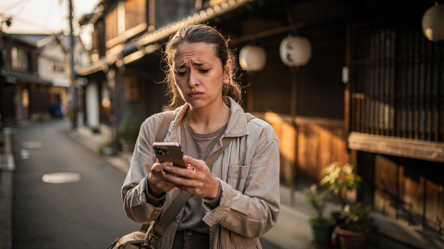A traveler looks frustrated at their smartphone with a 'No Service' icon, standing in front of a traditional Japanese storefront, symbolizing a moment of connectivity challenge.
