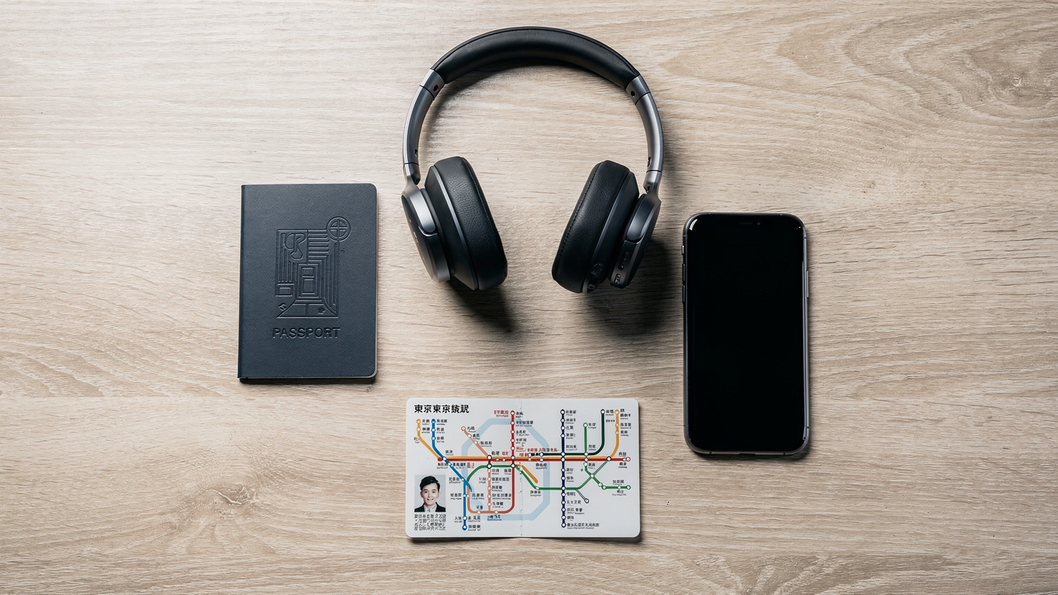 An editorial overhead flat-lay of travel essentials: a passport, a smartphone, noise-canceling headphones, and a detailed Tokyo metro map snippet, symbolizing efficient travel planning.