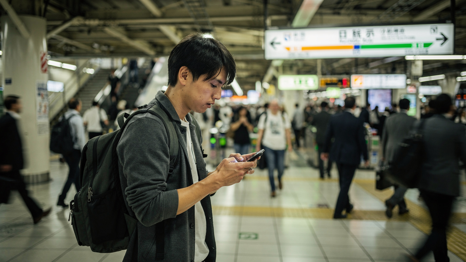 A traveler navigates the bustling Shinjuku Station during rush hour, eyes fixed on their smartphone for directions, with the iconic station architecture blurred in the background.
