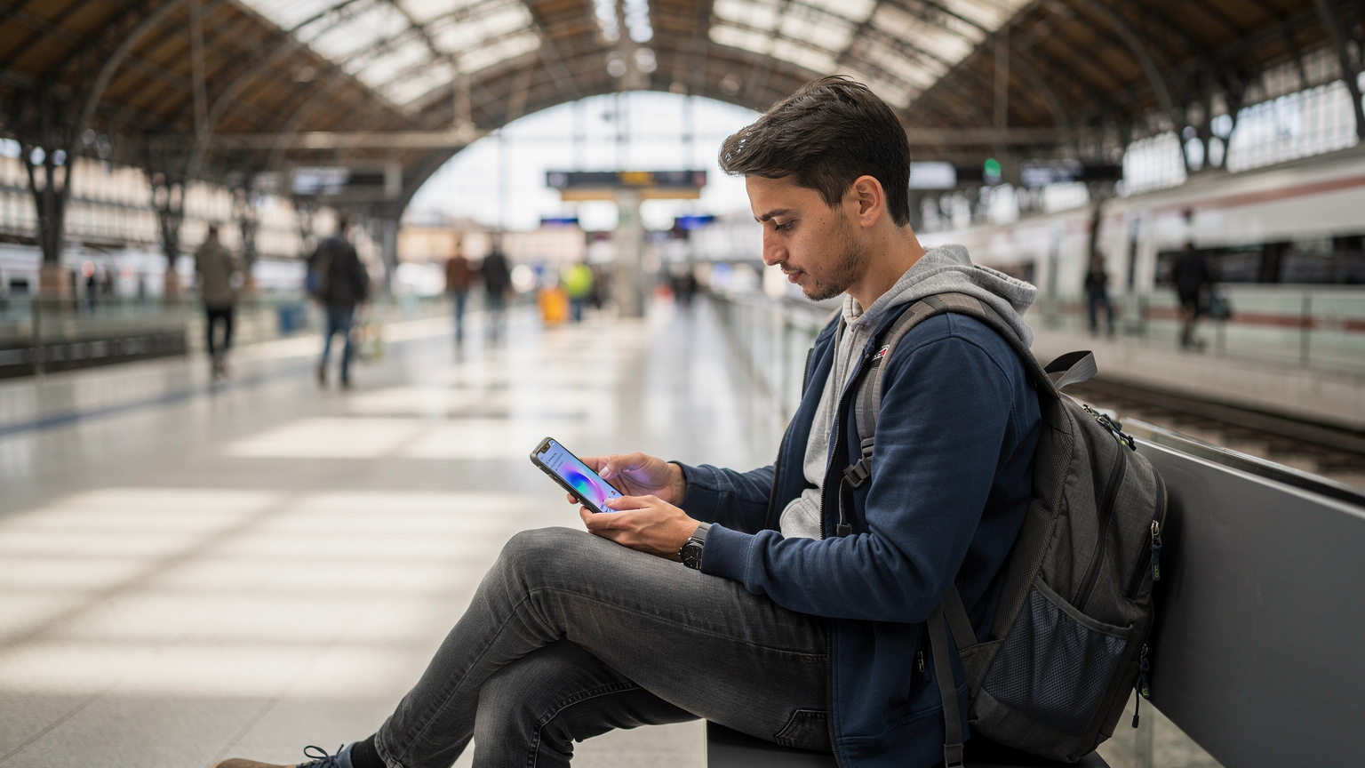 A traveler diligently comparing data plans on their smartphone while waiting for a train in a busy European station, ensuring they pick the most cost-effective option for their journey.