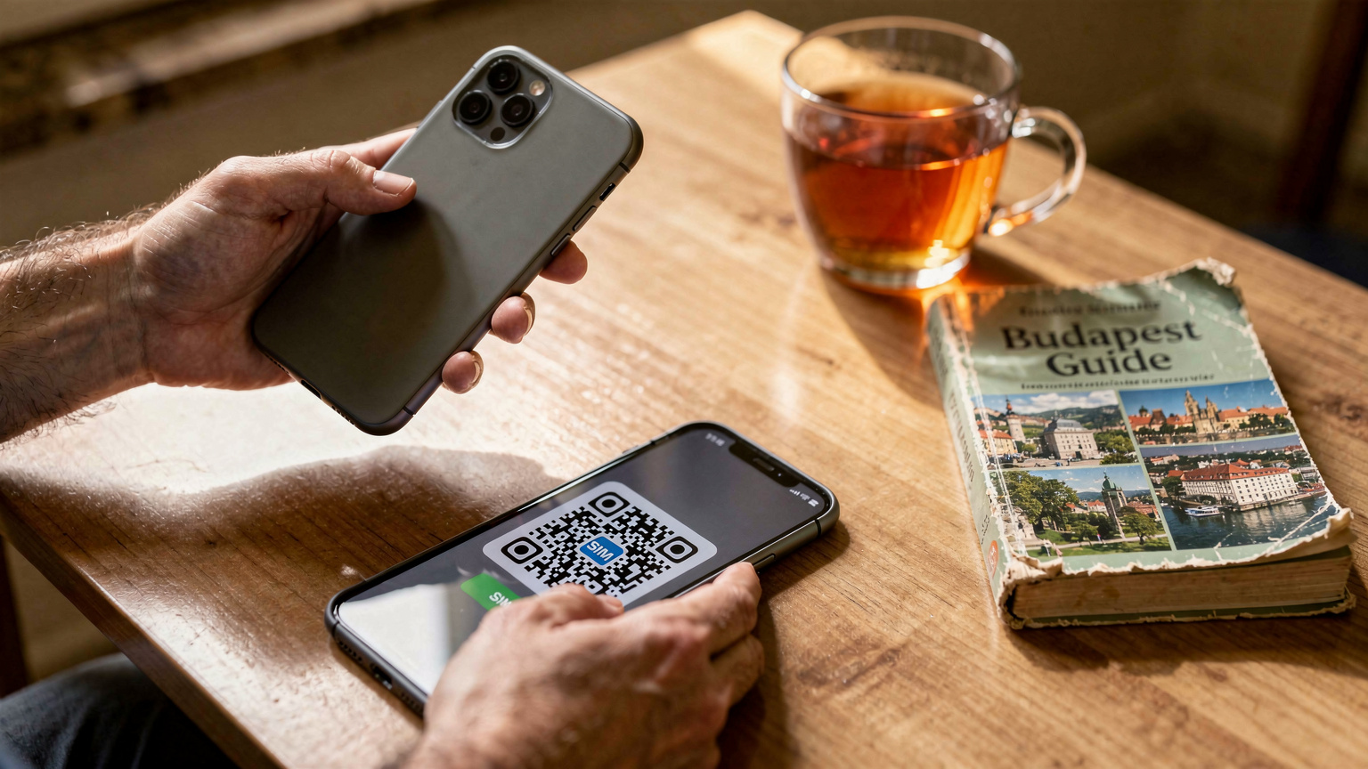 Close-up of a traveler's hands holding a smartphone, with another phone displaying a QR code for eSIM activation, highlighting the crucial step of scanning for connectivity.
