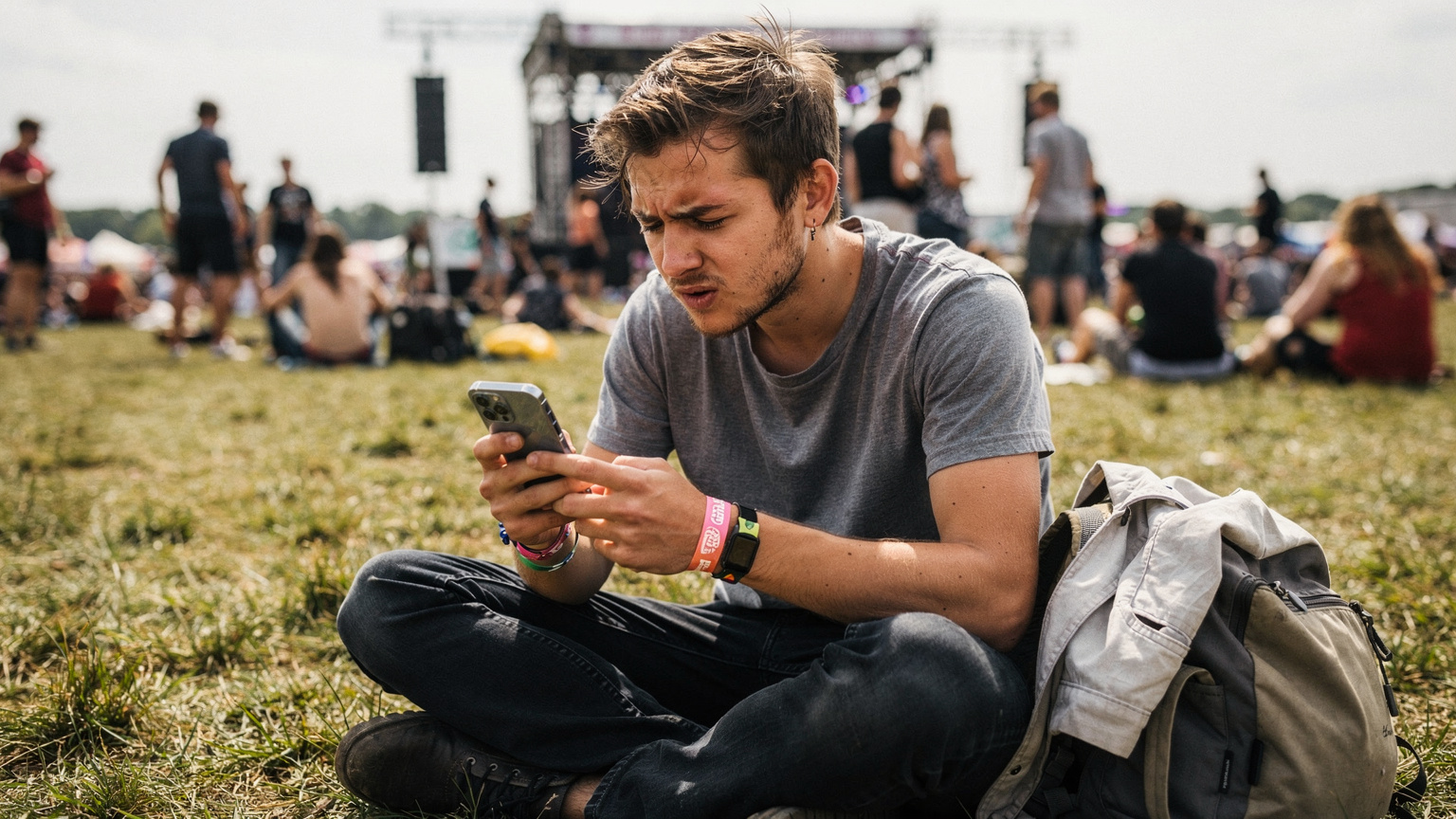 Un viajero joven y preocupado, sentado en el césped de un festival, mira su smartphone con una expresión de frustración, mientras sus amigos conversan animadamente a su alrededor, ajenos a su problema de conectividad.