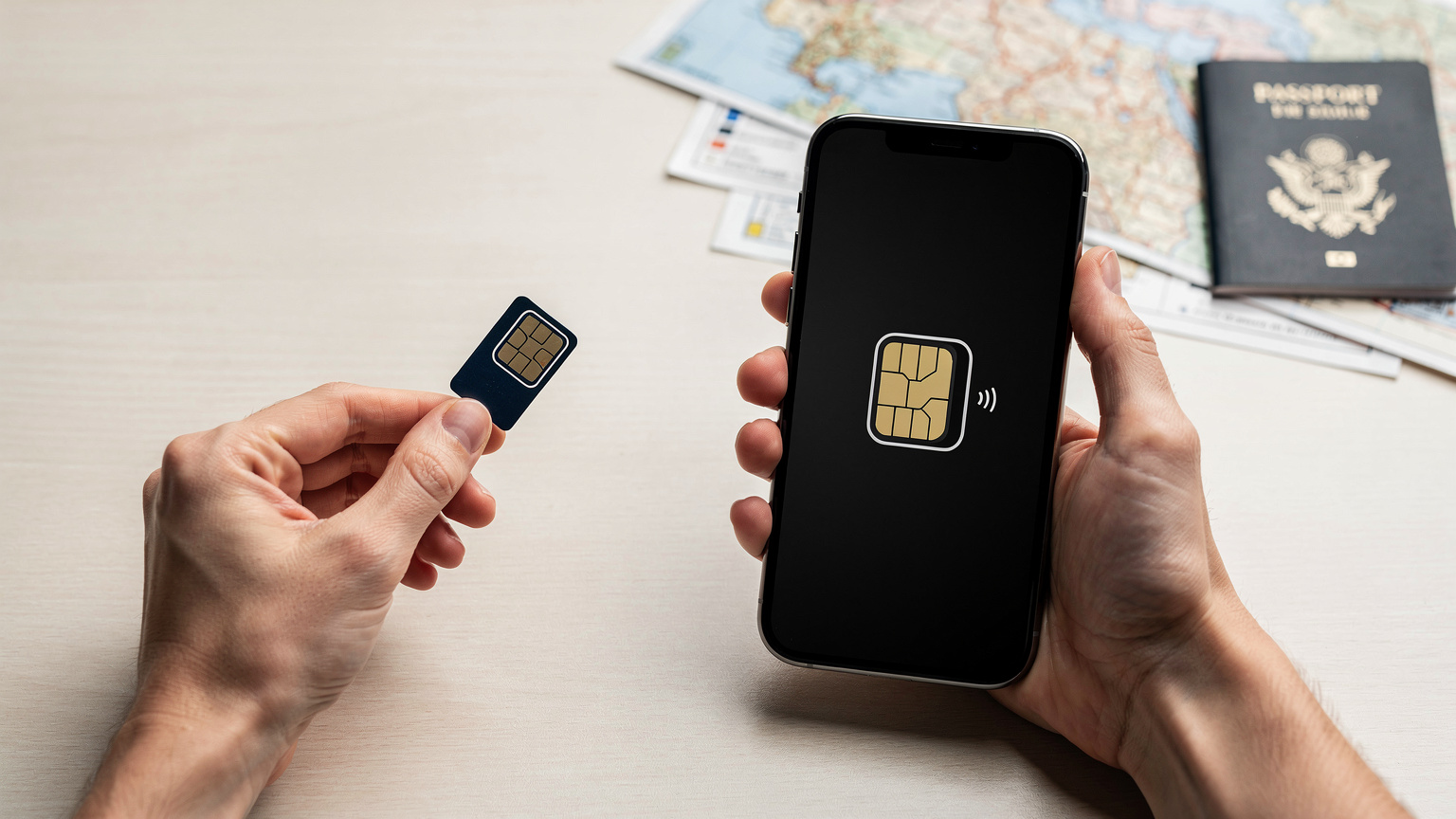 Una mano sostiene un smartphone con una eSIM activa, simbolizada por un icono en la pantalla, mientras que la otra mano sostiene una tarjeta SIM física desechada, sobre un fondo de mapas de viaje.