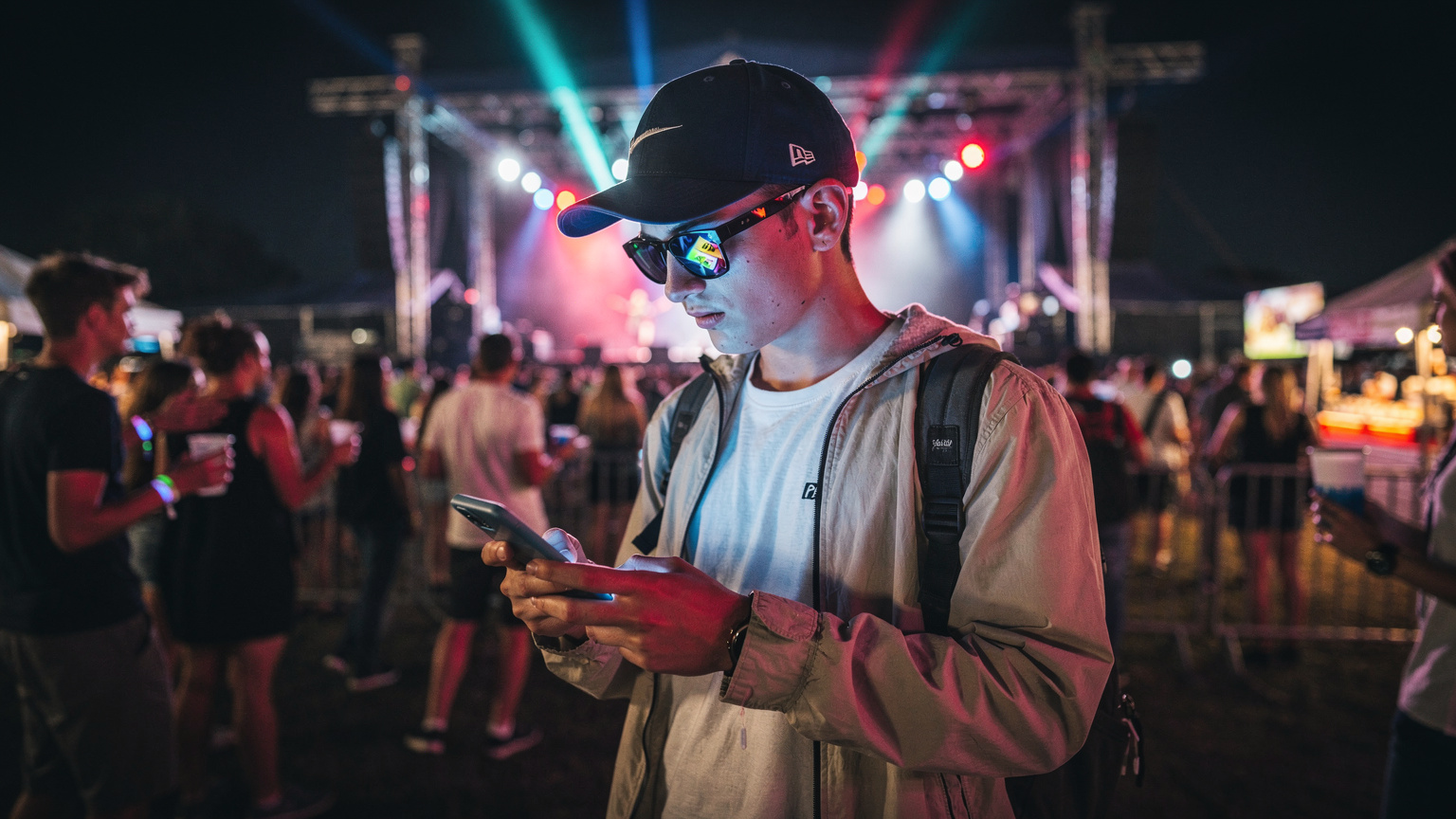 Un joven viajero con gorra y gafas de sol, usando su smartphone para consultar el mapa de un festival de música, rodeado de una multitud enérgica con luces de escenario de fondo.