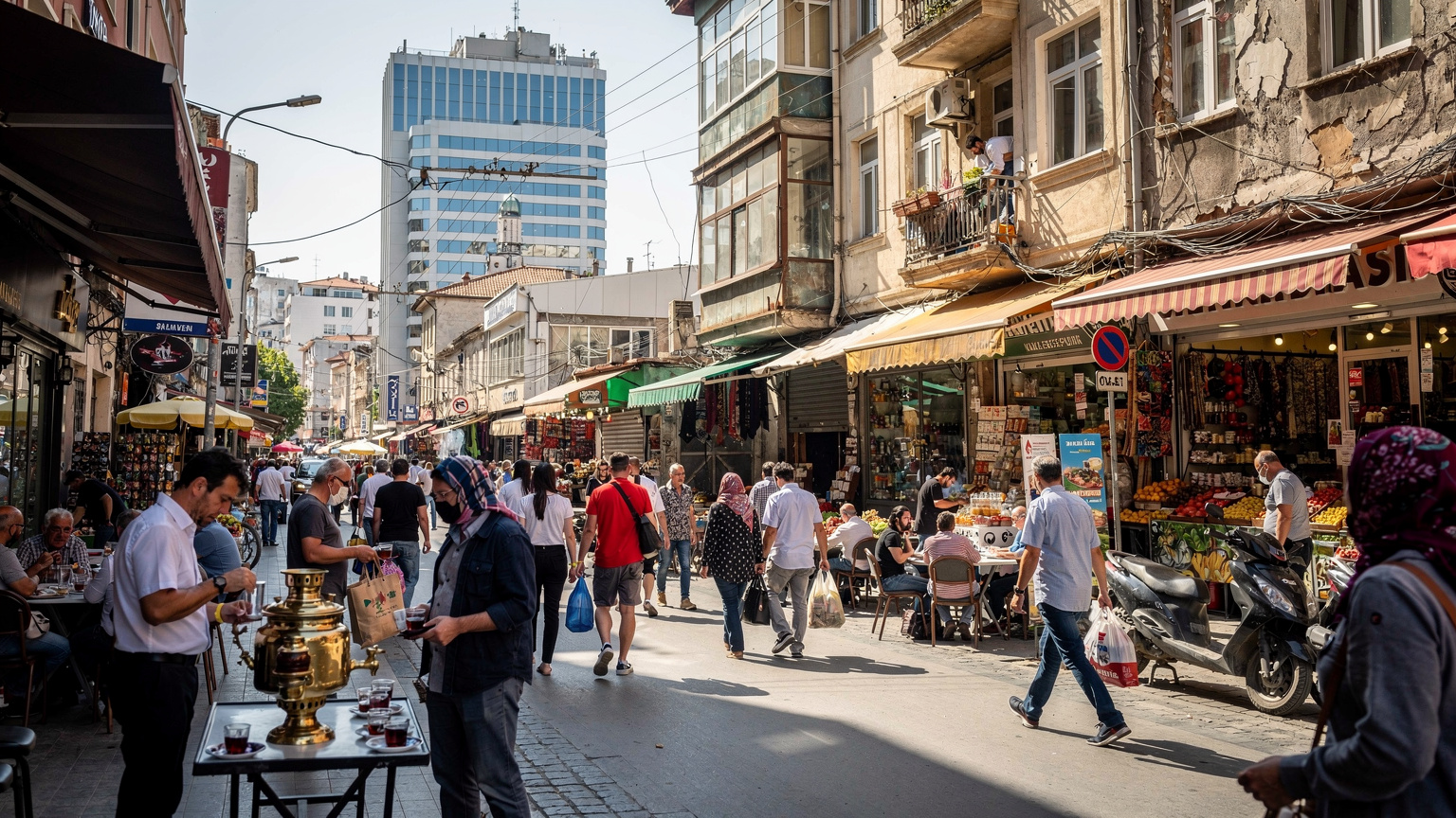 Eine belebte Straße im Viertel Kadıköy in Istanbul, mit einem türkischen Tee-Verkäufer am Straßenrand, Menschen, die ihren Alltagsgeschäften nachgehen, und einem modernen Gebäude im Hintergrund, das die Mischung aus Tradition und Moderne der Stadt widerspiegelt.