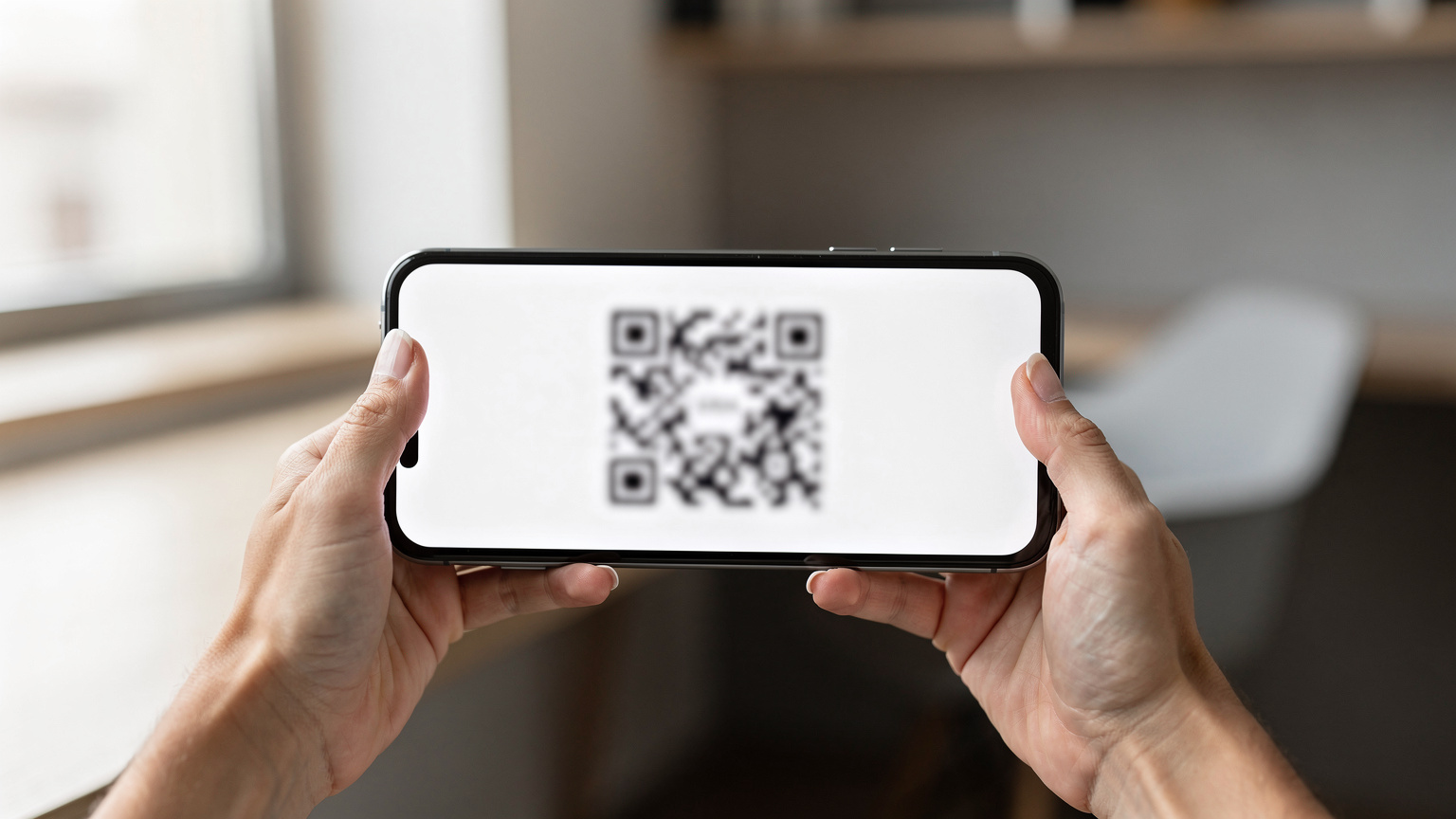 Nahaufnahme von Händen, die ein Smartphone halten, auf dem ein QR-Code für die eSIM-Aktivierung angezeigt wird. Der Hintergrund ist leicht unscharf und zeigt eine stilvolle, minimalistische Inneneinrichtung.