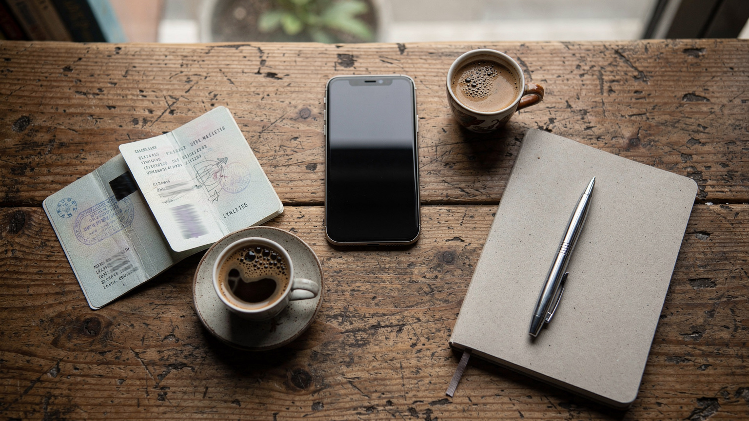 Ein Reisepass und ein Smartphone liegen auf einem Holztisch, daneben eine Tasse türkischer Kaffee und ein Notizbuch, das ein Gefühl von Reiseplanung und digitalem Leben vermittelt.
