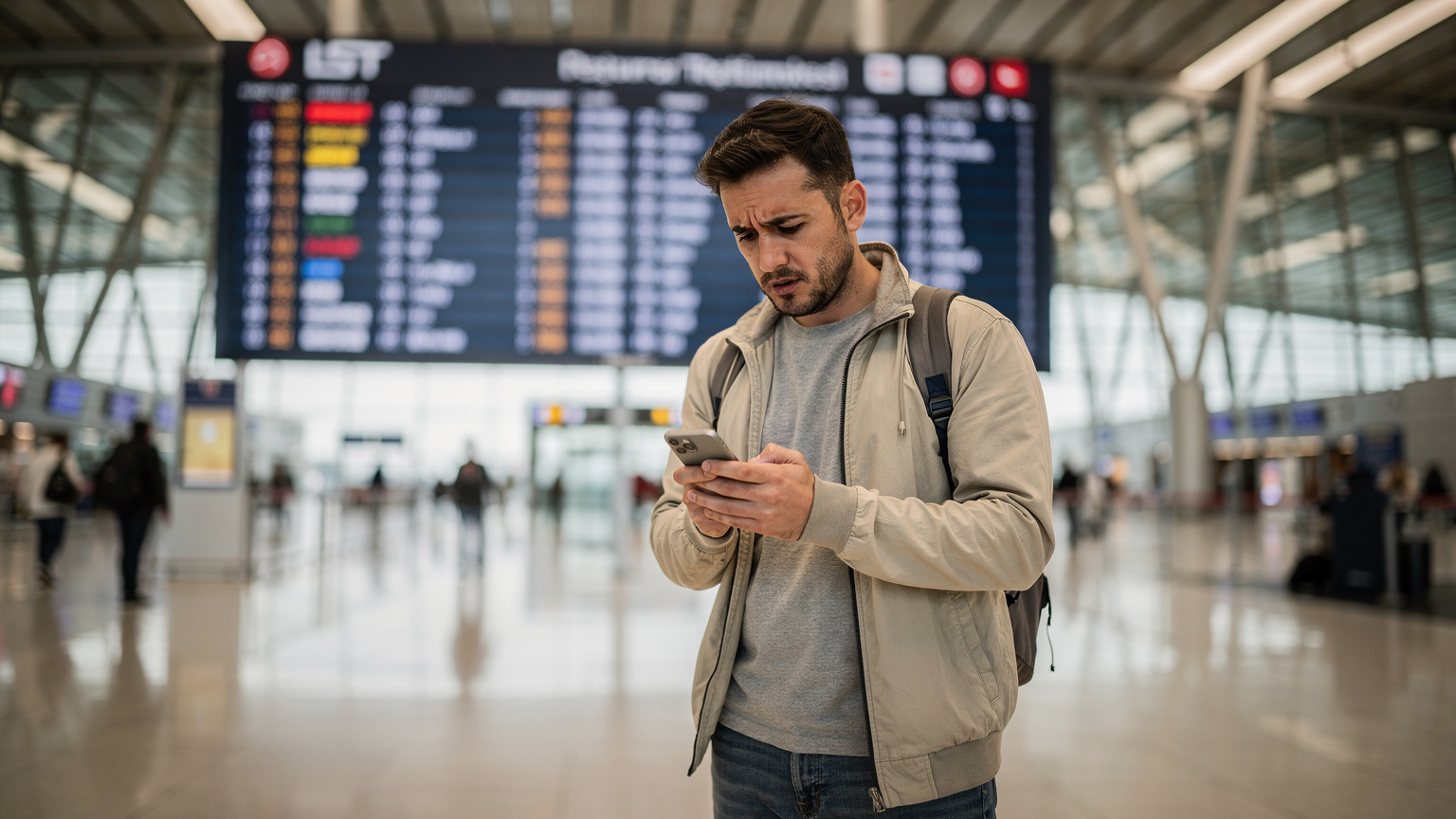Ein Reisender am Flughafen Istanbul, der mit besorgtem Gesicht auf sein Smartphone schaut, während im Hintergrund die Anzeigetafel für ankommende Flüge und das geschäftige Treiben des Terminals zu sehen sind.
