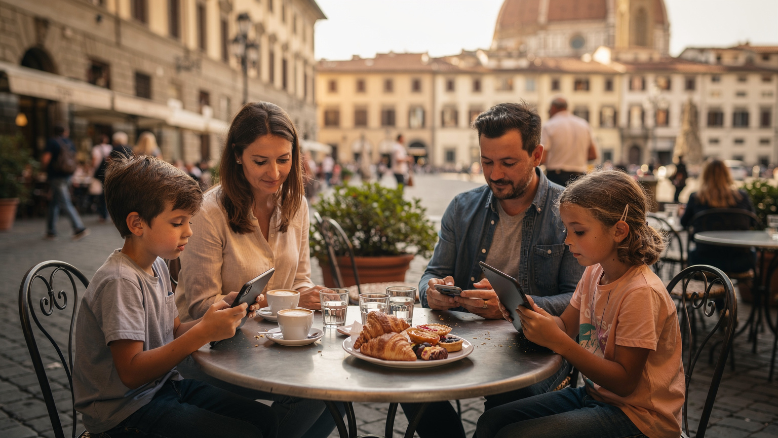 Une famille assise à une table dans un café italien animé, le père consultant son téléphone pendant que les enfants jouent tranquillement sur leurs tablettes pré-chargées, des pâtisseries locales sur la table.