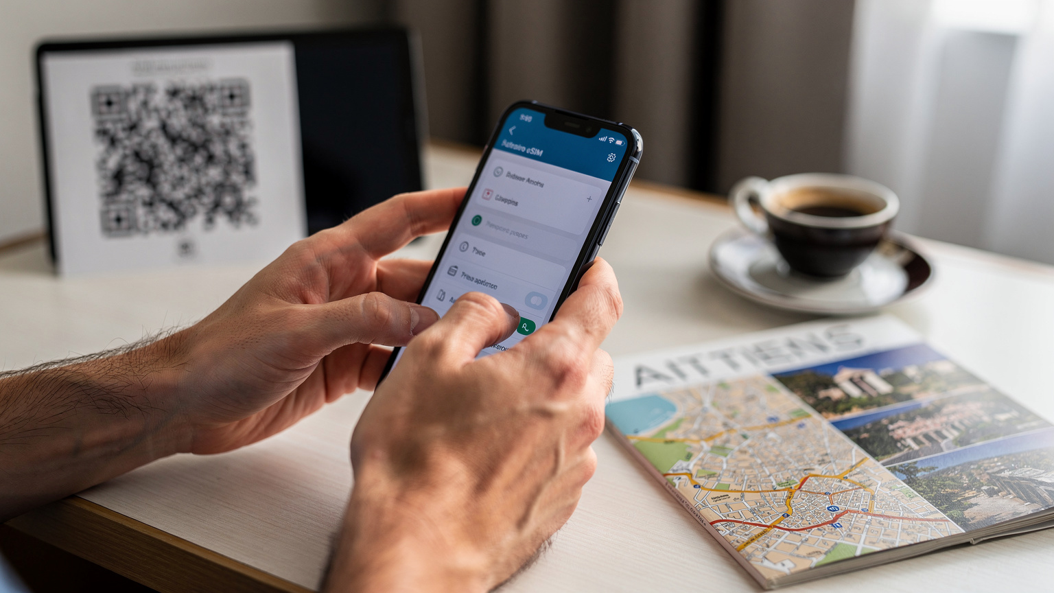 Un gros plan sur une main d'adulte configurant une eSIM sur un smartphone, avec un code QR flou en arrière-plan, symbolisant la facilité d'activation.