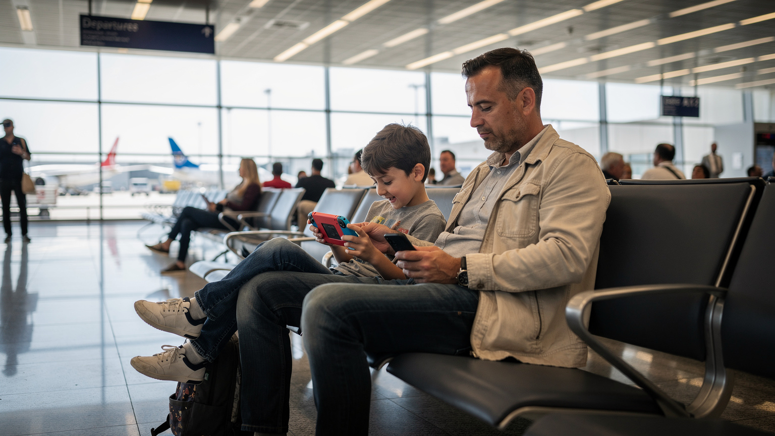 Un père et son fils (environ 8 ans) installant un jeu sur une Nintendo Switch dans un hall d'aéroport animé, le père consultant son smartphone pour les dernières informations de vol.