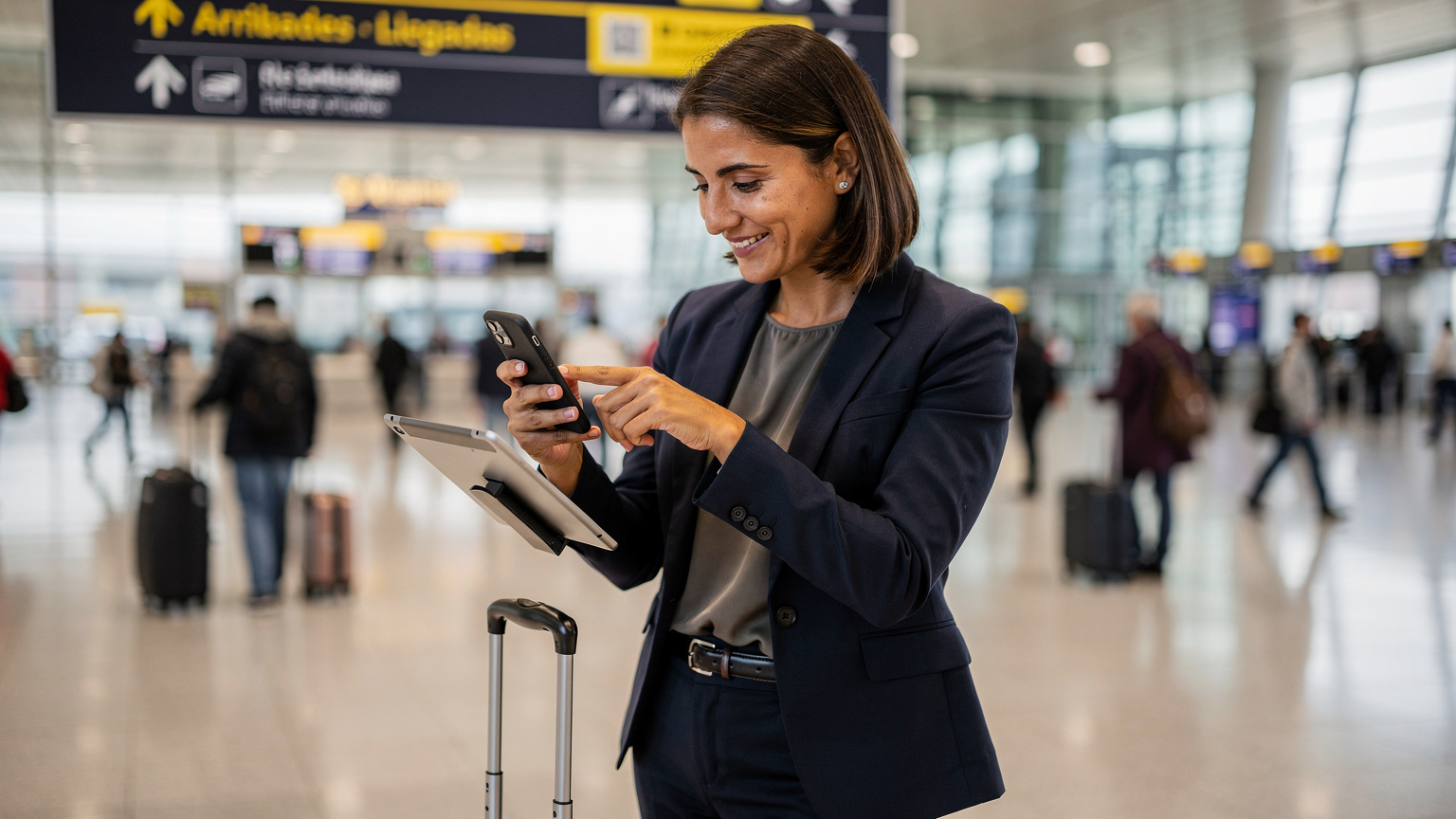 Una viajera de negocios activa su eSIM en el aeropuerto de Barcelona, lista para el MWC.