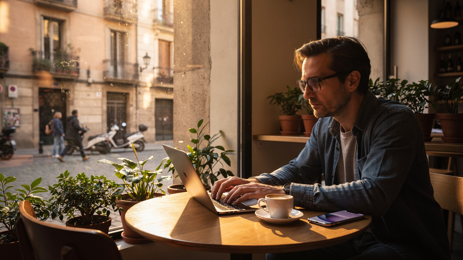 Un nómada digital trabaja desde un café con vistas a las calles de Barcelona, su teléfono con eSIM asegurando su conexión.