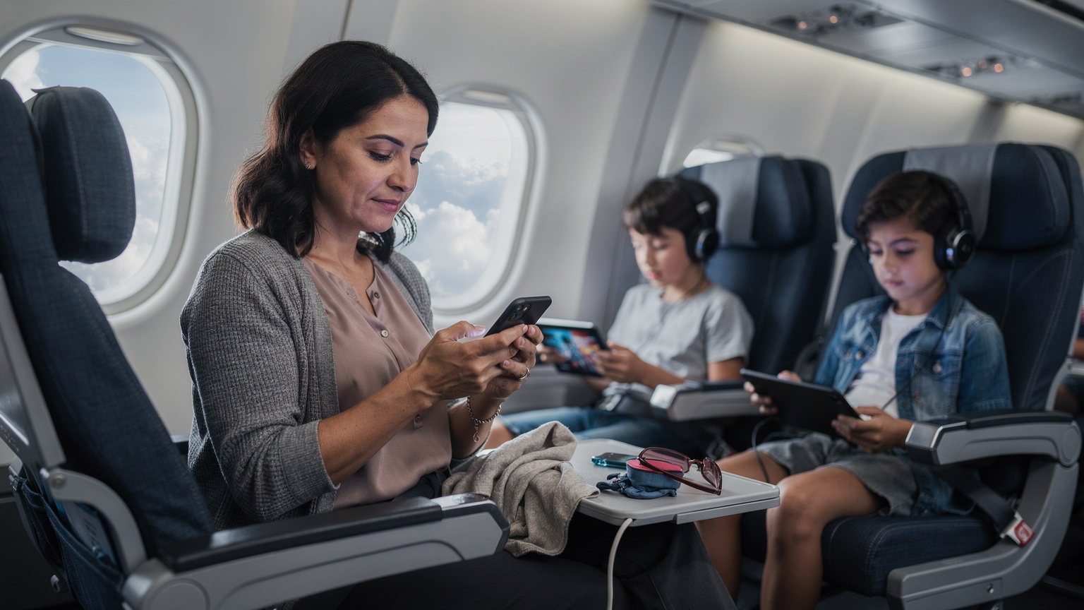 Uçakta, çocuklarının iPad'lerinde indirilmiş filmleri izlerken, anne kendi telefonunda eSIM veri kullanımını kontrol ediyor.