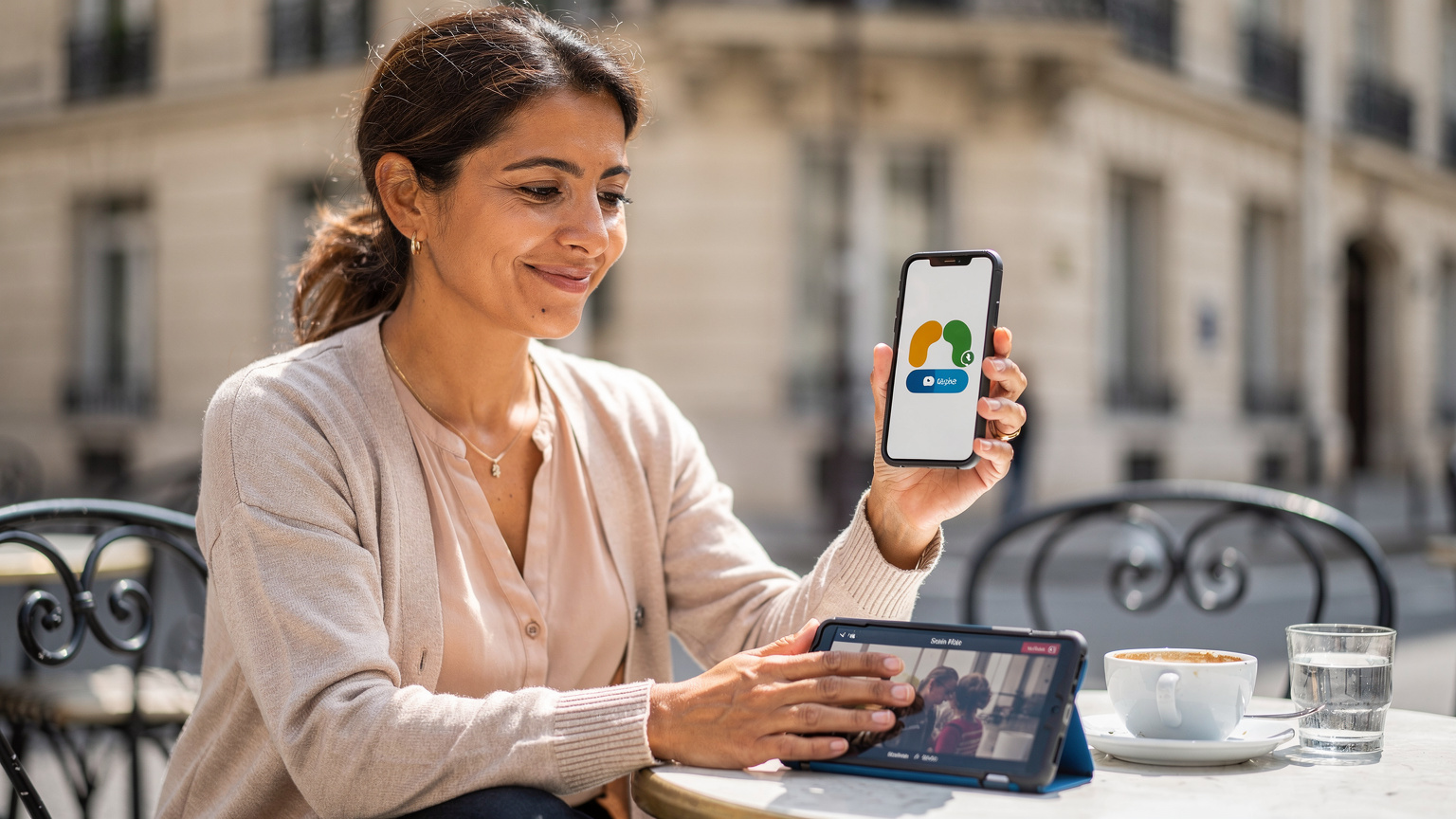 Bir anne, Paris'teki bir kafede, çocuklarının tabletlerine Cellesim uygulamasından ek veri paketi satın alırken rahatlamış bir şekilde gülümsemesi.
