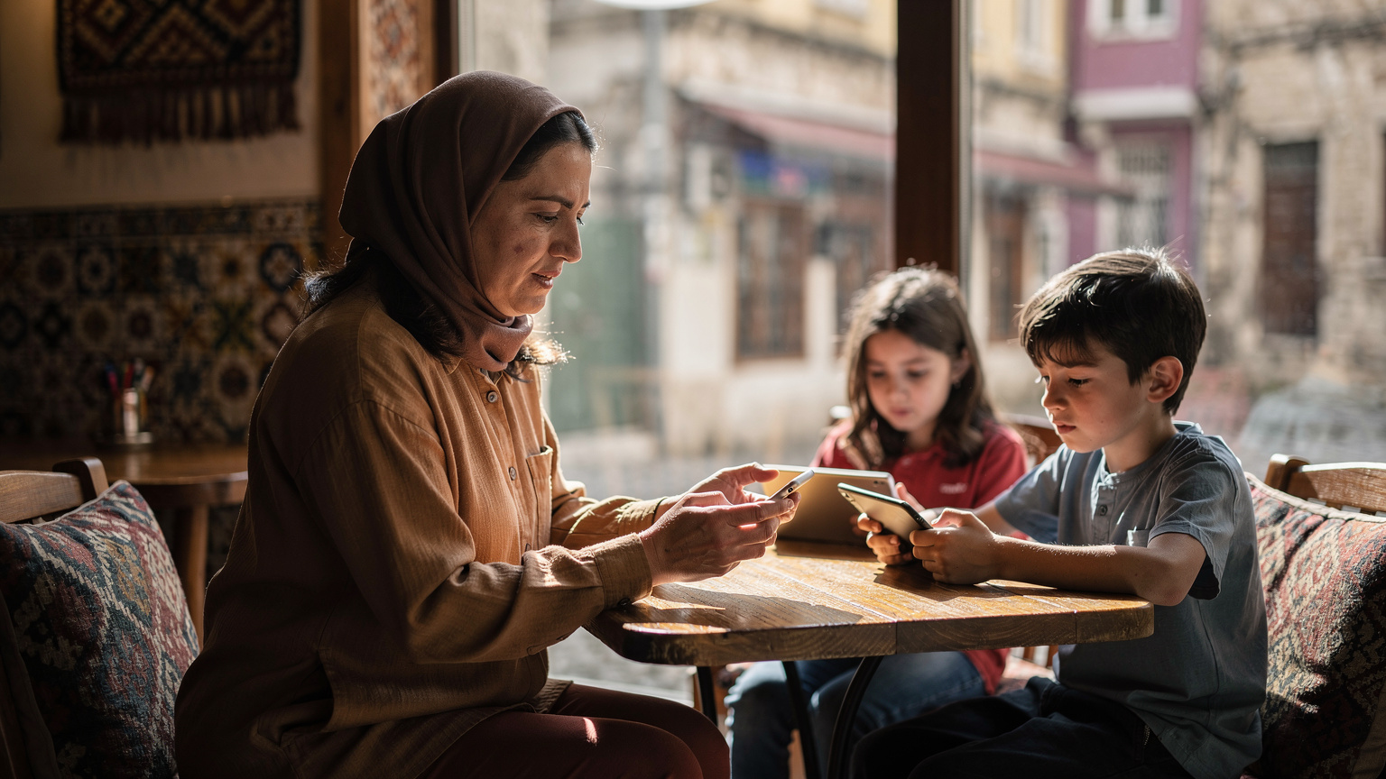 Bir anne, İstanbul'da bir kafede, çocuklarının tabletlerle meşgul olduğu sırada kendi telefonunda eSIM uyumluluğunu kontrol ediyor.