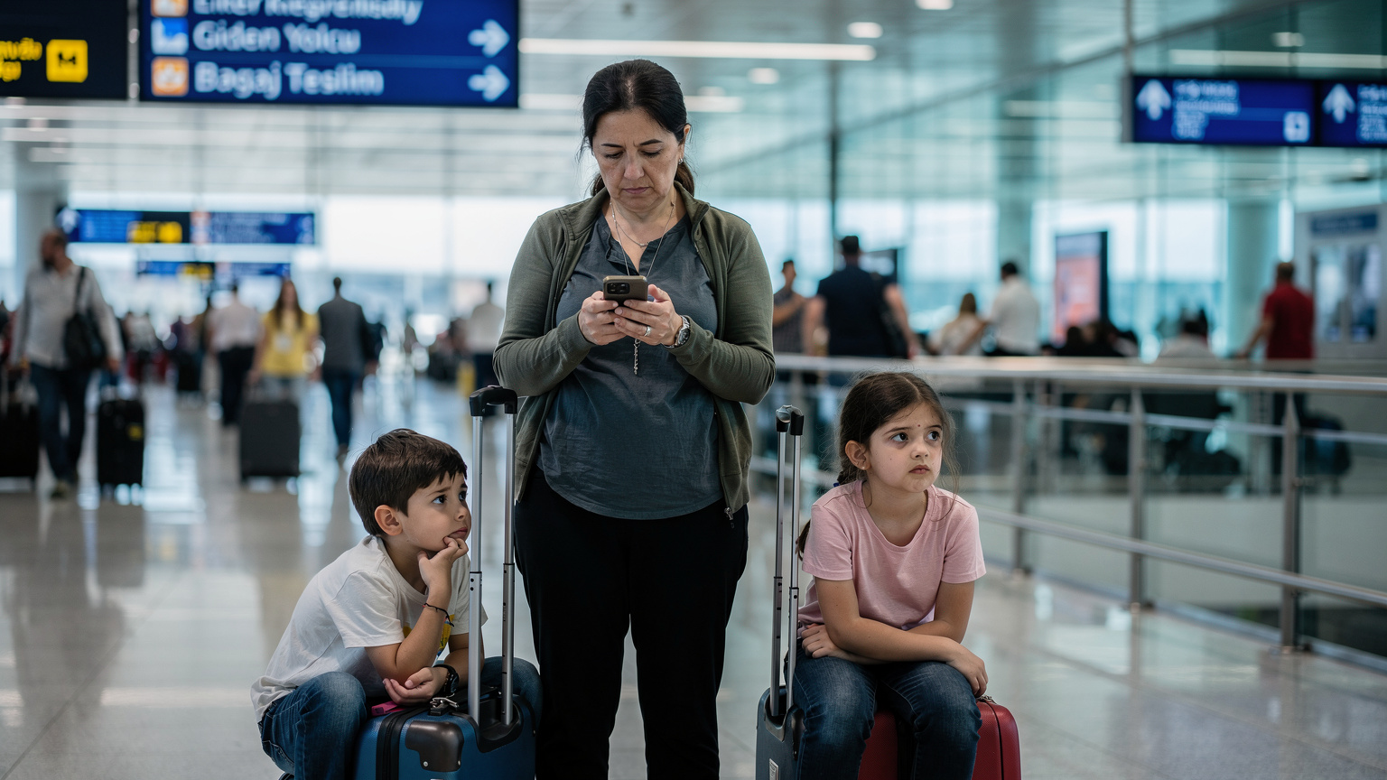 Hareketli bir İstanbul havalimanı terminalinde, bir anne elinde valiziyle, telefonunda eSIM uygulamasını kontrol ederken, çocukları bavulların yanında sabırsızlıkla bekliyor.