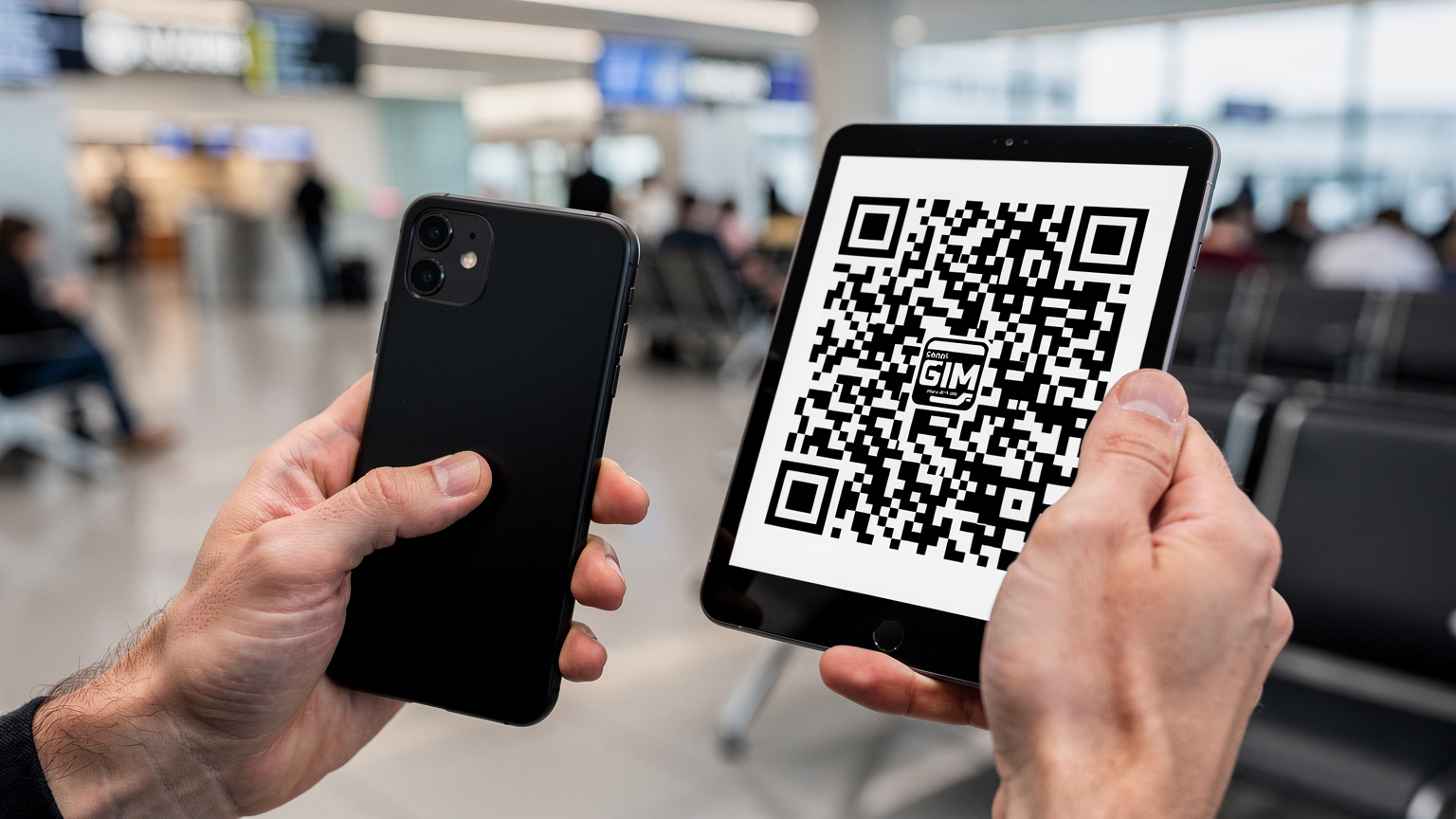 Manos de un viajero sosteniendo un smartphone y escaneando un código QR en una tablet para activar su eSIM en un aeropuerto concurrido.