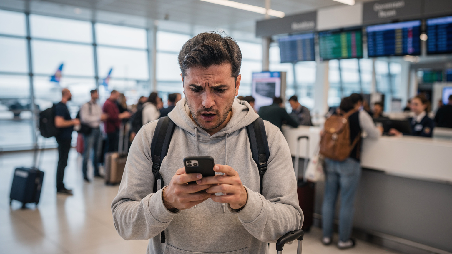 Un turista con expresión de preocupación, sosteniendo su teléfono con las manos cerca de la cara, frente a un mostrador de atención al cliente en un aeropuerto.