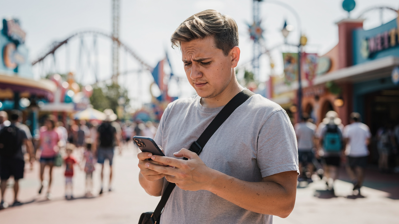 Un viajero consulta su teléfono buscando direcciones en un concurrido parque temático en Orlando, Florida, rodeado de gente y atracciones icónicas.