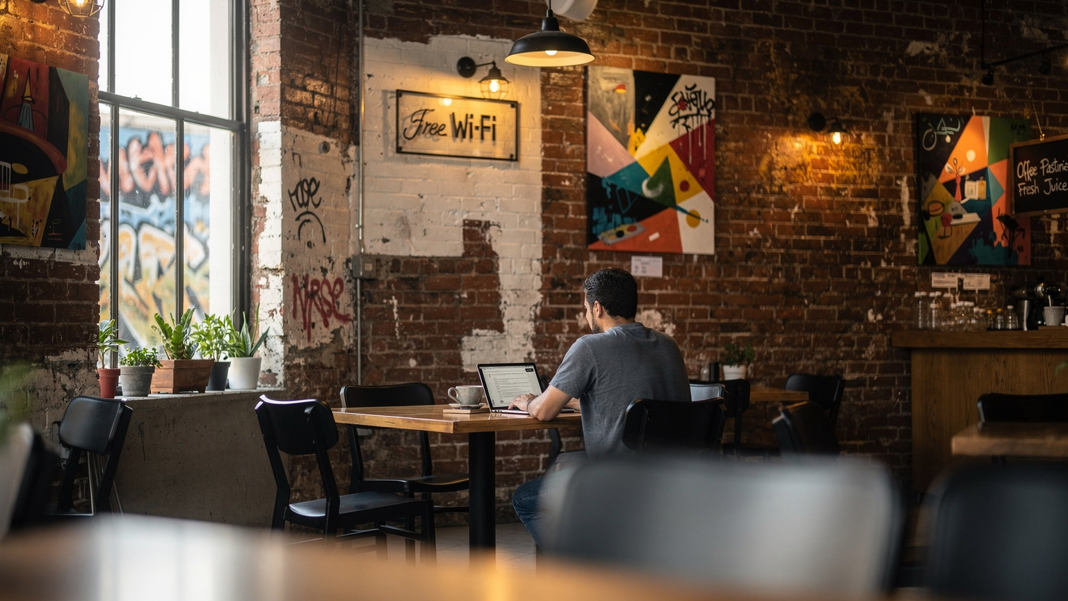 Un café acogedor y moderno en el barrio de Wynwood, Miami, con una persona trabajando en su laptop y un cartel discreto de Wi-Fi gratuito en la pared.