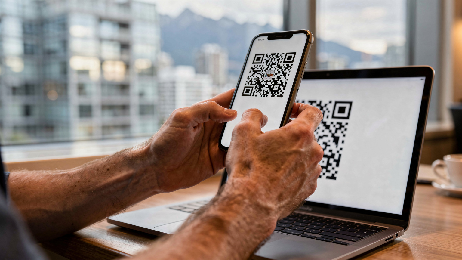 Nahaufnahme eines Smartphones in Händen, das einen QR-Code auf einem anderen Bildschirm scannt, mit einem kanadischen Stadtbild im Hintergrund.