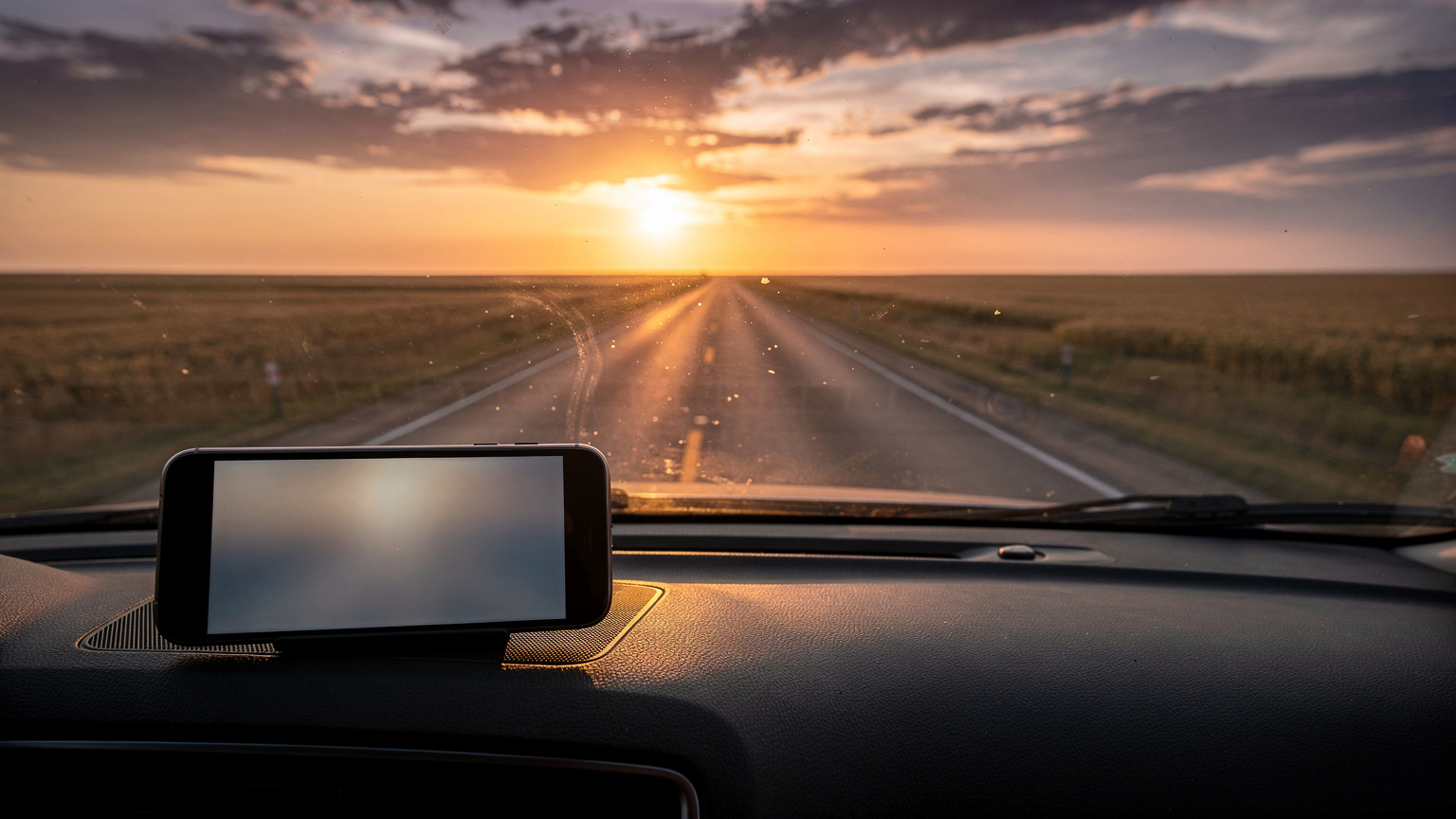 Ein Smartphone liegt auf einem Armaturenbrett in einem Auto, das auf einer weiten Straße durch die kanadischen Prärien fährt, die Sonne geht am Horizont unter.
