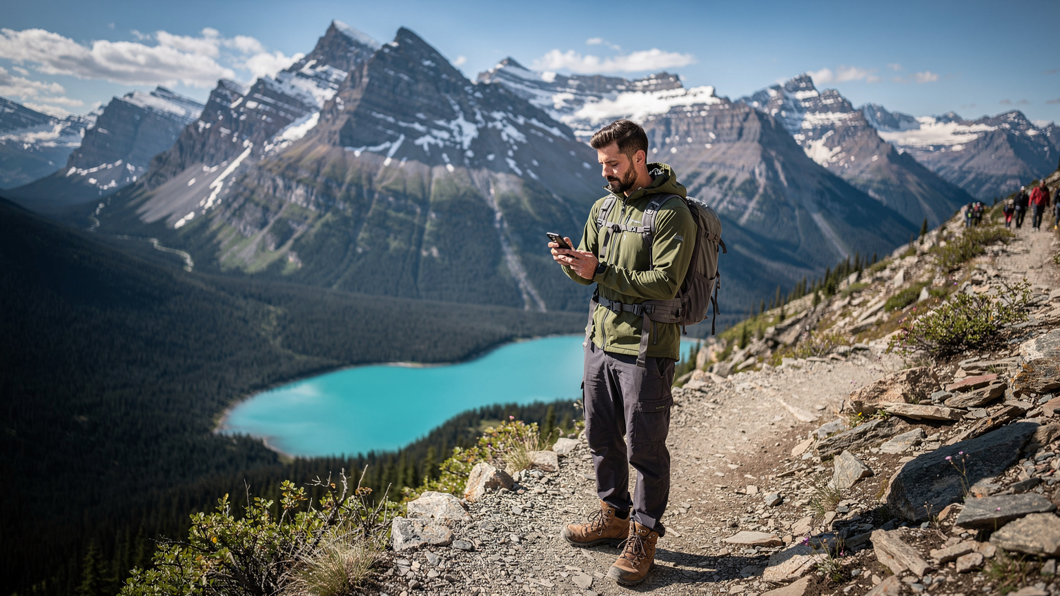Ein Wanderer prüft auf seinem Smartphone die Route, umgeben von der beeindruckenden Natur der kanadischen Rocky Mountains.