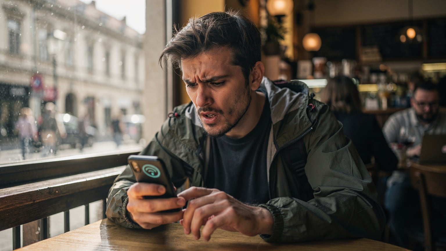 Un viajero frustrado mira su teléfono con señal de poca cobertura en la pantalla, en una cafetería llena de gente en el centro de Budapest, Hungría, con la luz del sol de la mañana entrando por la ventana.