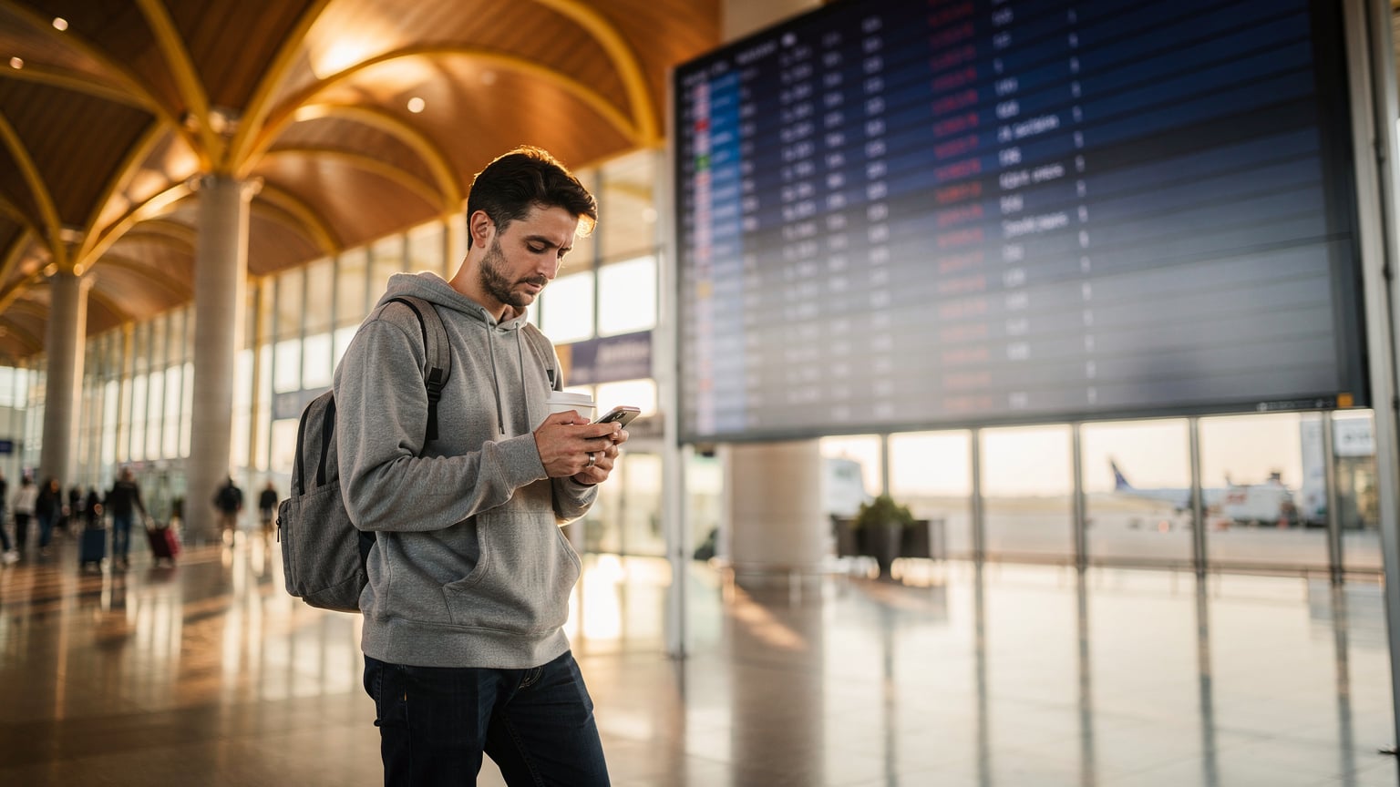 Un viajero con una sudadera con capucha de viaje consulta su móvil junto a un panel de salidas de vuelos en el aeropuerto de Barajas en Madrid, con un café en la mano y la luz del amanecer.