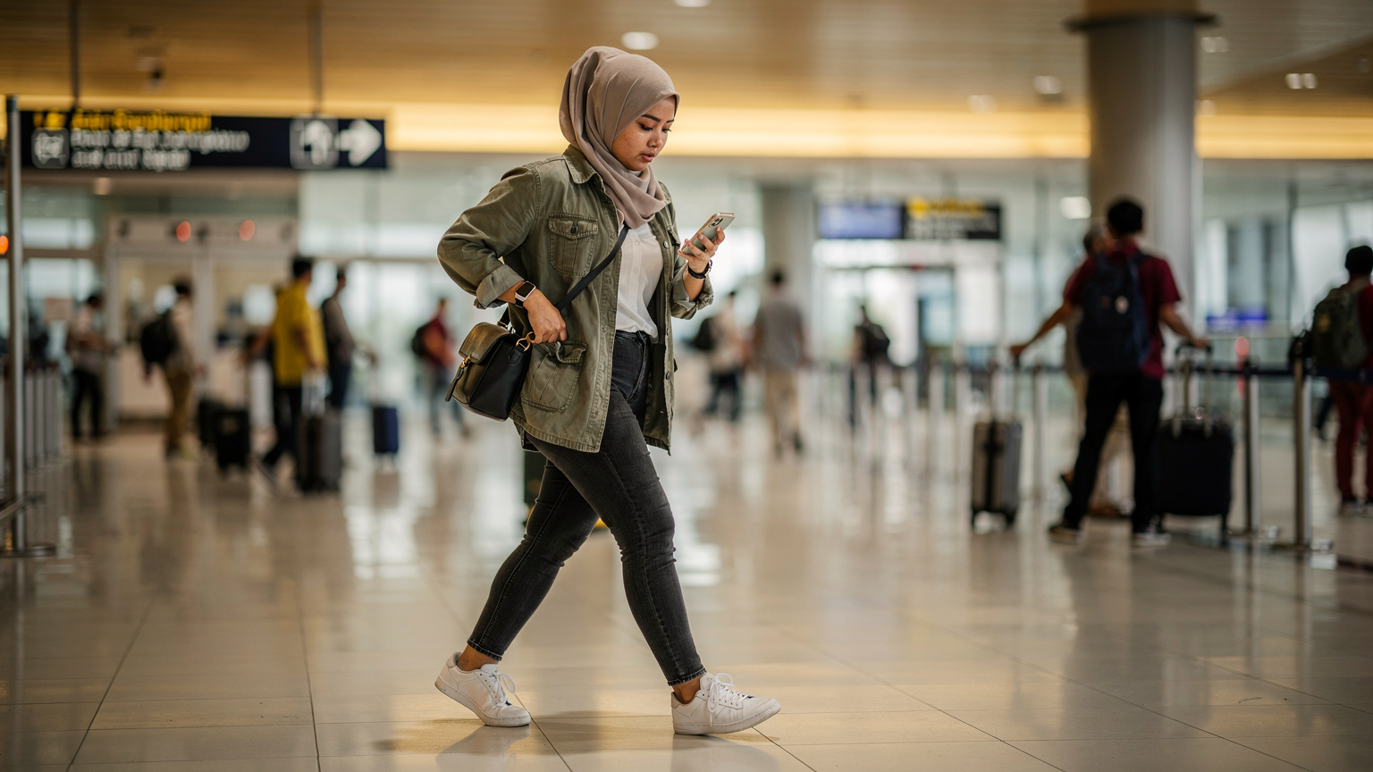 Seorang wanita muda berhijab, memegang iPhone di tangan kanannya, sedang berjalan keluar dari gerbang kedatangan Bandara Soekarno-Hatta, terlihat sibuk membalas pesan.
