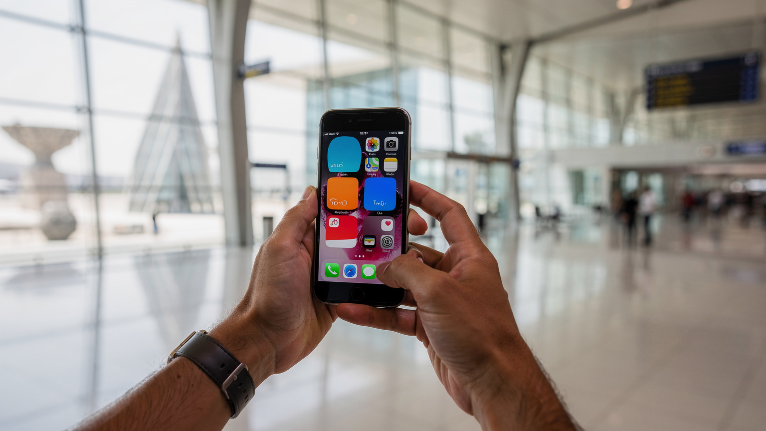 Tangan seorang pria sedang memegang iPhone dengan layar utama, di latar belakang terminal kedatangan yang modern dan sepi di Bandara Internasional Hamad, Doha, dengan jendela besar dan cahaya alami.