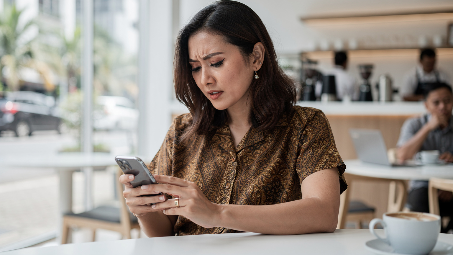 Seorang wanita di sebuah kafe modern di Jakarta Pusat sedang melihat iPhone-nya yang menampilkan menu pengaturan seluler, dengan tatapan fokus dan ekspresi tertarik.