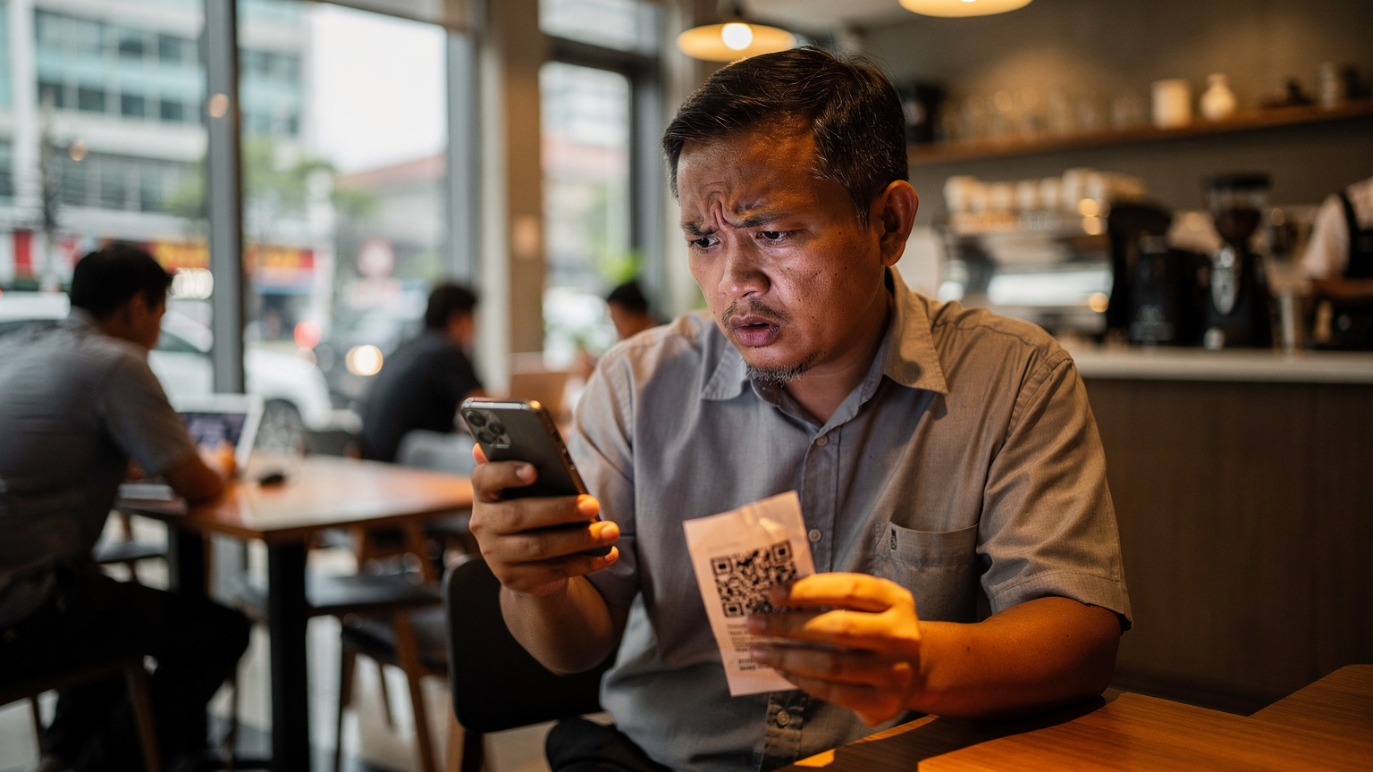 Seorang pria paruh baya menatap layar ponselnya dengan ekspresi cemas, memegang secarik kertas dengan kode QR, di sebuah kafe ramai di Jakarta.