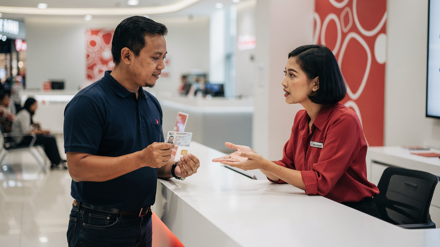 Seorang pria sedang berinteraksi dengan petugas di meja customer service GraPARI, memegang KTP dan kartu SIM fisik di tangannya.