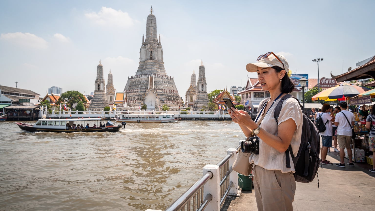 観光客で賑わうバンコクのワット・アルンを背景に、スマートフォンで地図アプリを確認する日本人旅行者。少し困ったような表情で画面を見つめている。