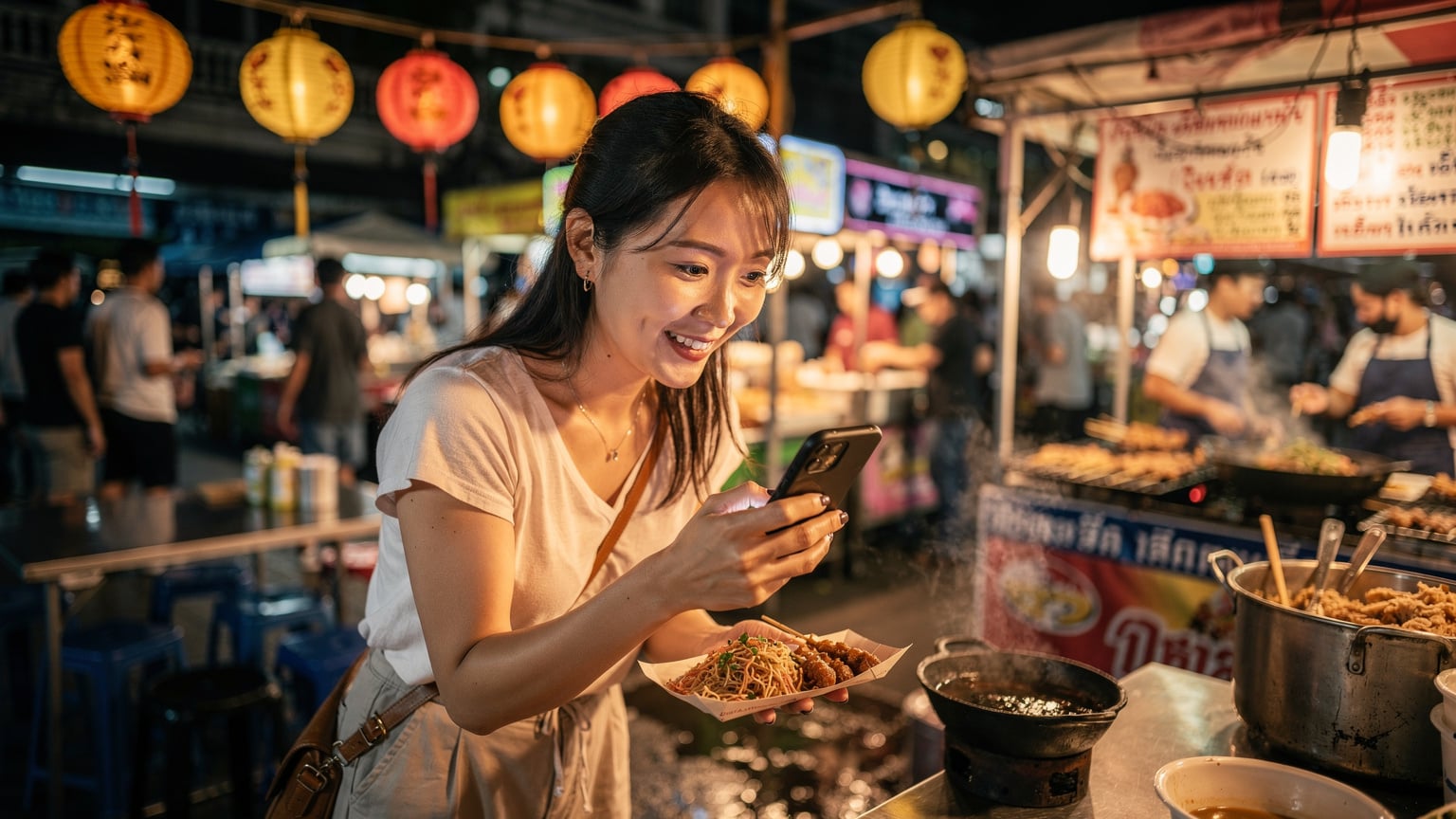 タイのナイトマーケットで、地元の屋台料理を楽しむ旅行者。スマートフォンでメニューを翻訳しながら、友人とのビデオ通話を楽しんでいる。
