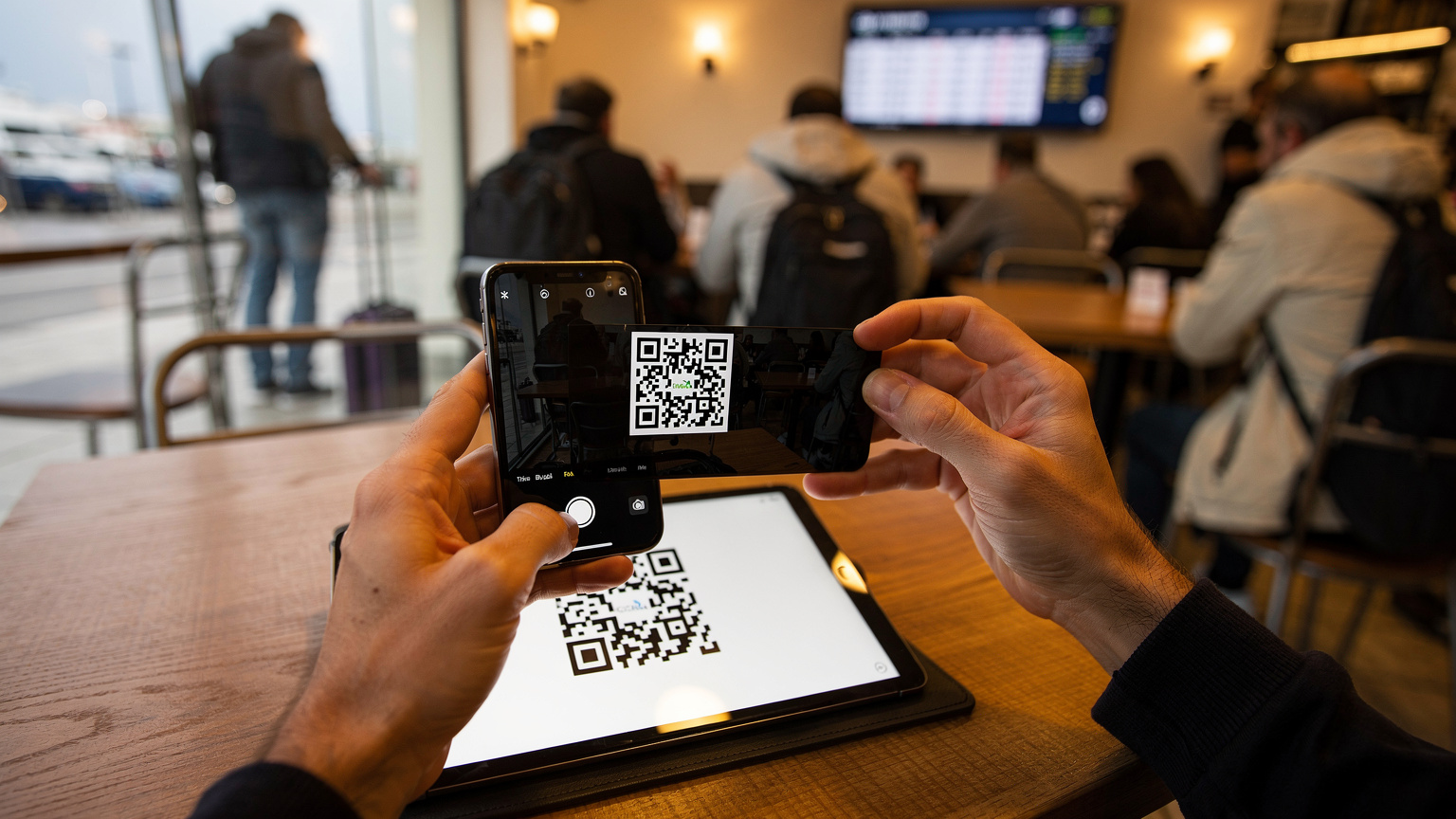 En tæt på-optagelse af en rejsende, der holder sin telefon og scanner en QR-kode, der vises på en tablet, med fokus på den digitale interaktion, måske ved en café i Piræus, før en færgetur.