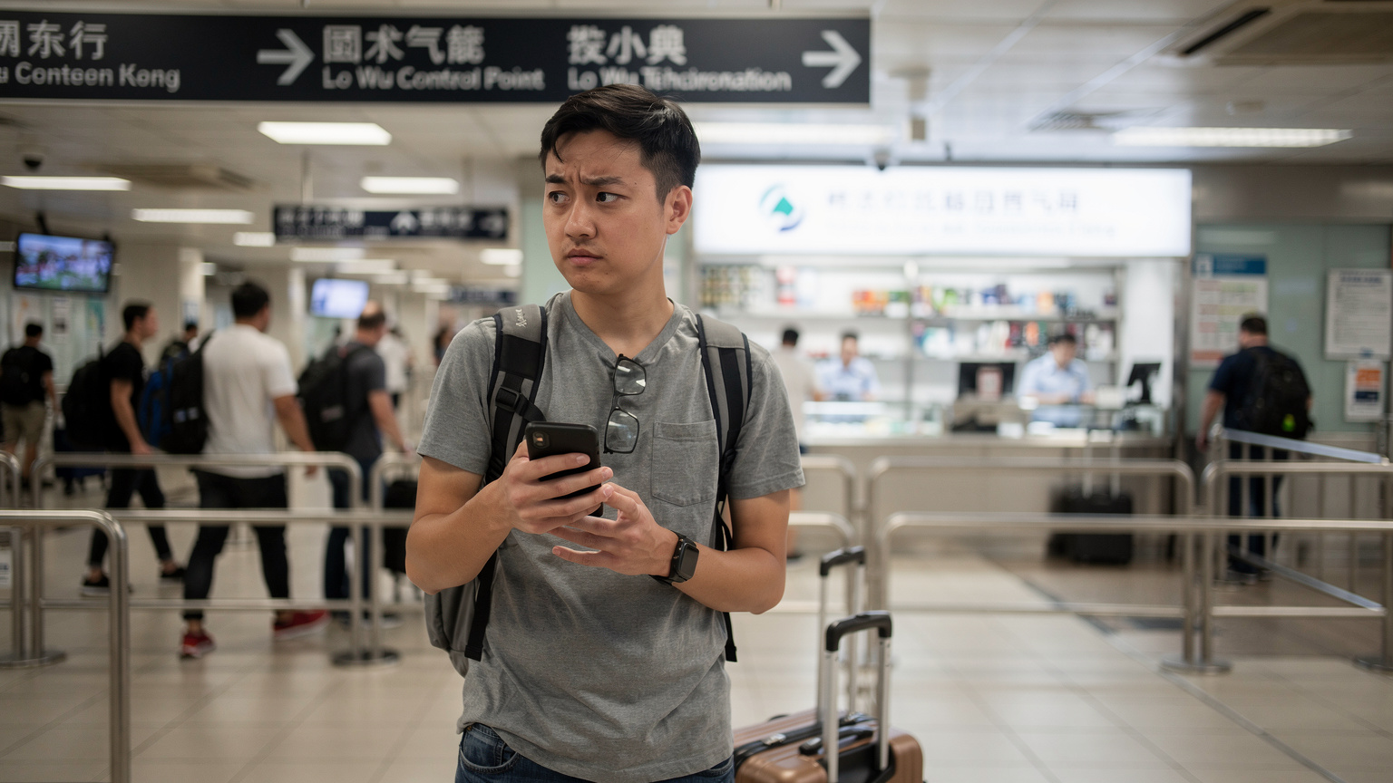 一名旅客在香港羅湖口岸手持大陸版iPhone,面對電信櫃檯,略顯困惑,周圍是熙熙攘攘的過境人群。