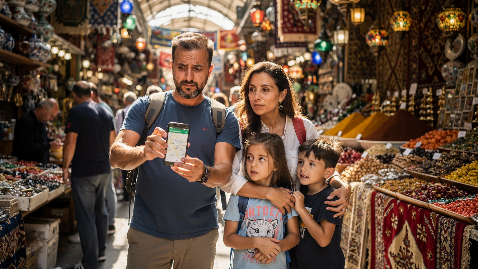 İstanbul'un Kapalıçarşı gibi kalabalık bir pazarında, bir aile cep telefonlarındaki harita uygulamasından yol tarifi alarak kaybolmamaya çalışıyor.