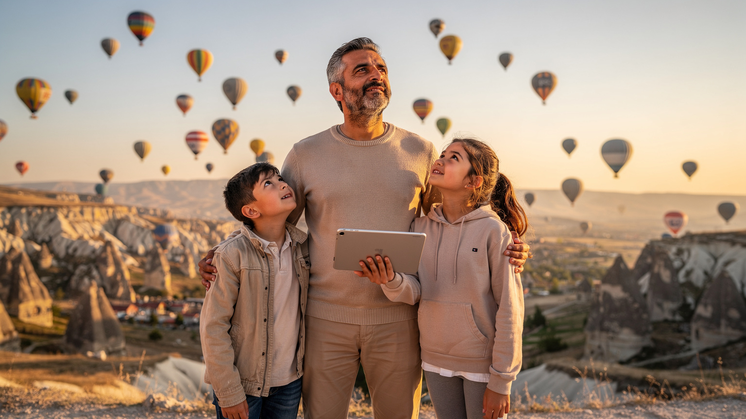 Kapadokya'da sıcak hava balonları gökyüzünde süzülürken, bir baba çocuklarıyla birlikte manzarayı izlerken, tabletinden çocuklarının eğlence uygulamasını kontrol ediyor.