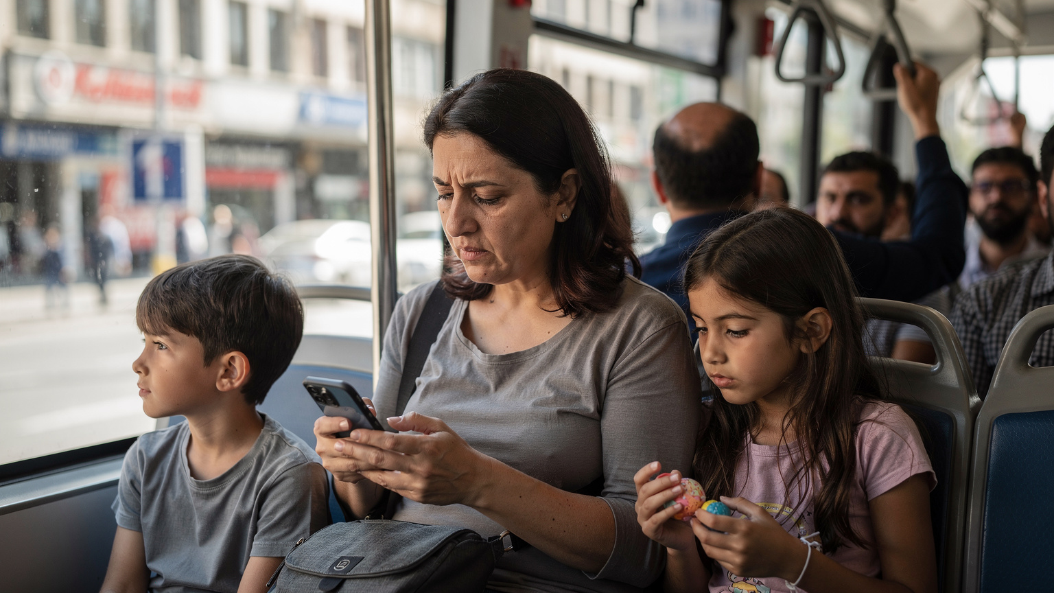İstanbul'daki bir tramvayda, kalabalık içinde seyahat eden bir anne, cep telefonundan Cellesim uygulamasını kullanarak veri paketini kontrol ediyor, yanında çocukları oturuyor.