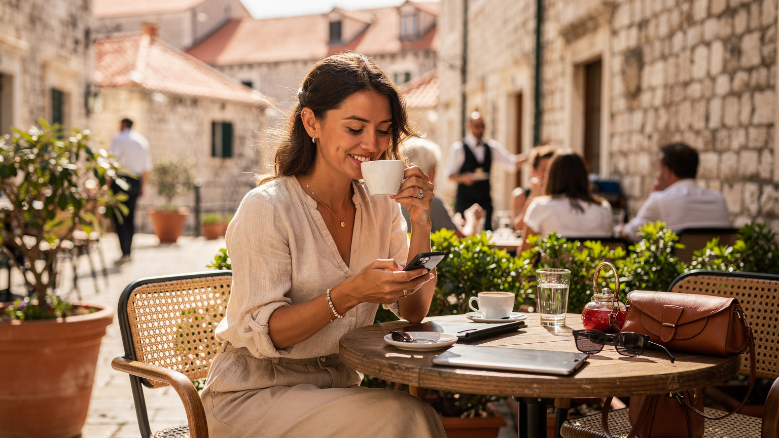 Cestovatelka se s mobilem v ruce usmívá, sedí na venkovní terase kavárny v Dubrovníku, pije kávu a má otevřený tablet. V pozadí je vidět historické centrum Dubrovníku.